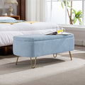 Blue Storage Ottoman Bench For End Of Bed Gold Legs, Modern Grey Faux Fur Entryway Bench Upholstered Padded With Storage For Living Room Bedroom Blue Faux Fur
