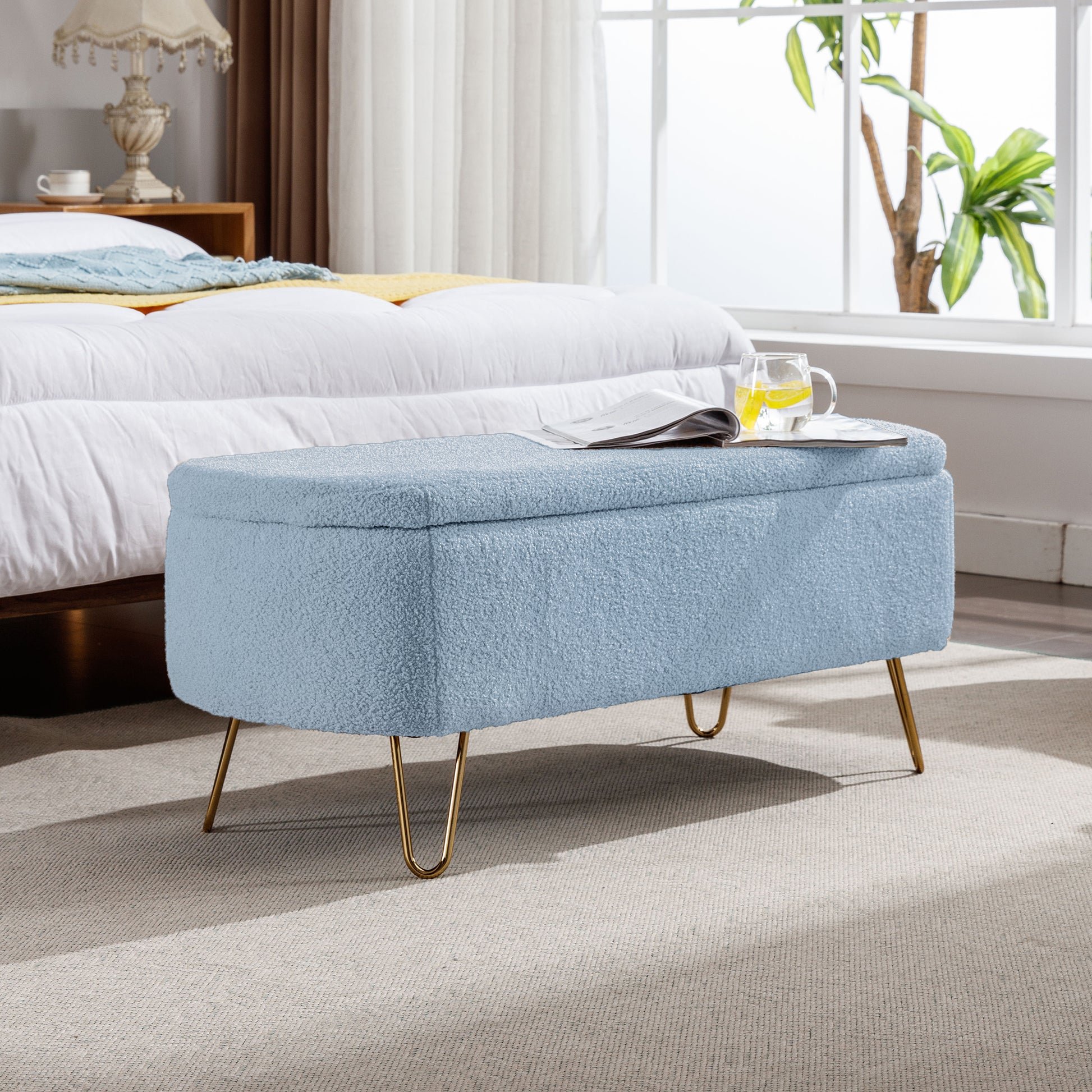 Blue Storage Ottoman Bench For End Of Bed Gold Legs, Modern Grey Faux Fur Entryway Bench Upholstered Padded With Storage For Living Room Bedroom Blue Faux Fur