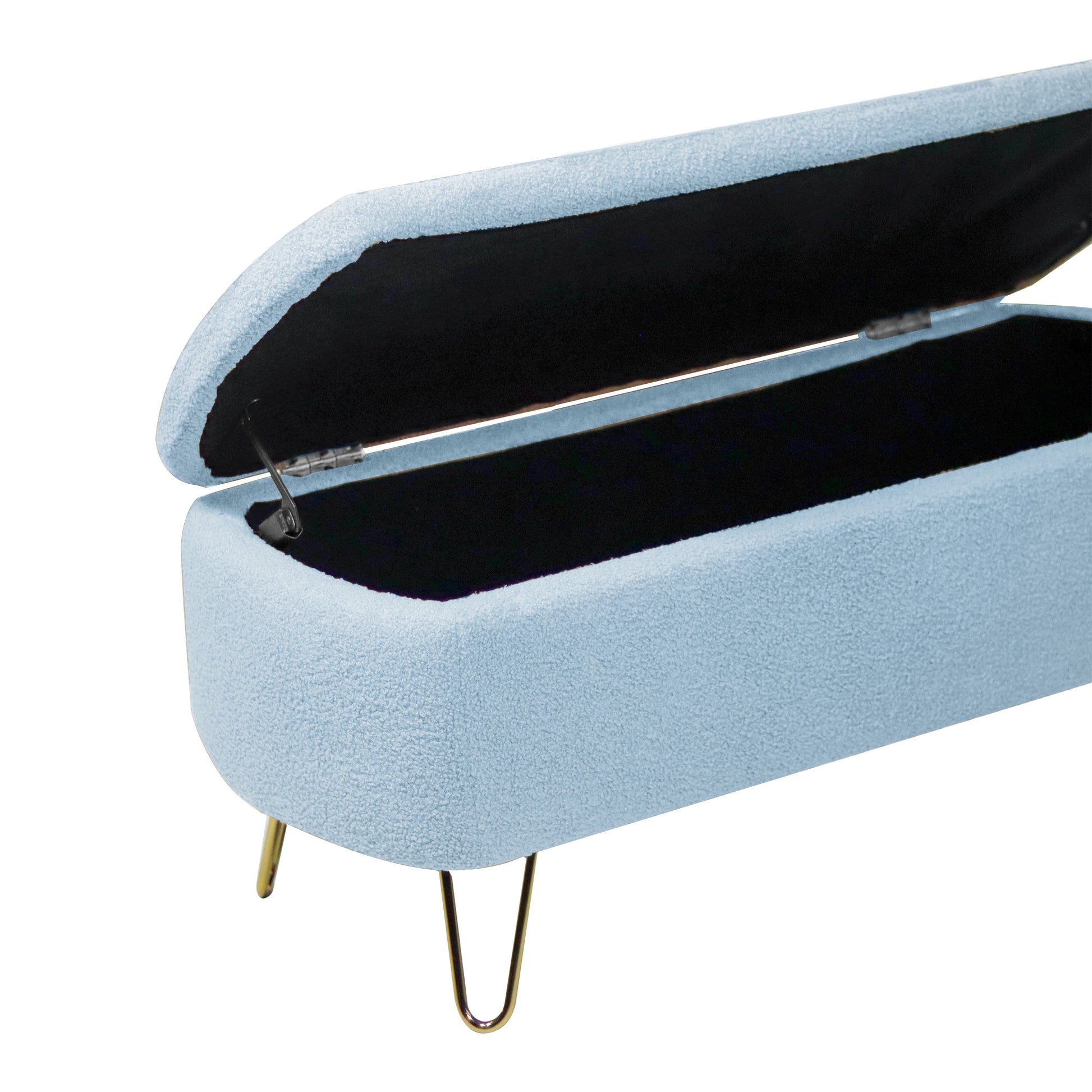 Blue Storage Ottoman Bench For End Of Bed Gold Legs, Modern Grey Faux Fur Entryway Bench Upholstered Padded With Storage For Living Room Bedroom Blue Faux Fur