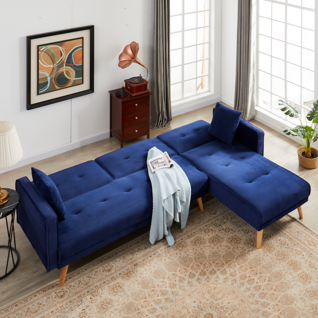 Bule Right Noble Concubine Variable Bed Sofa Living Room Folding Sofa,Right Noble Concubine Blue Foam Velvet 4 Seat