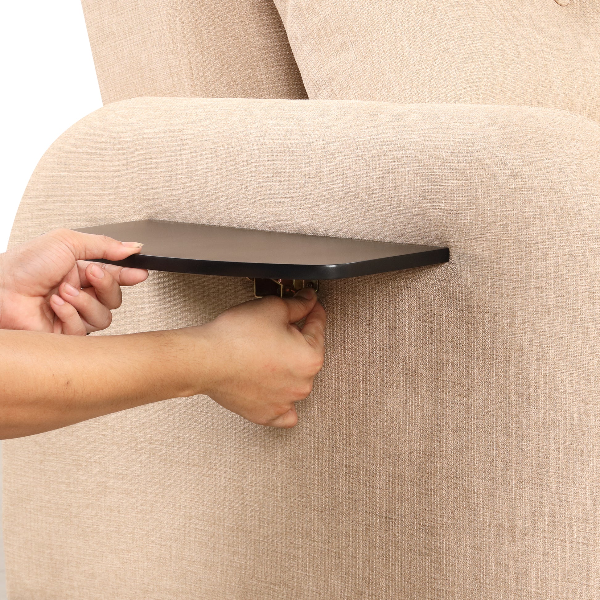 Pull Out Sofa Sleeper 3 In 1 With 2 Wing Table And Usb Charge For Nap Line Fabric For Living Room Recreation Room Beige Beige Foam Linen