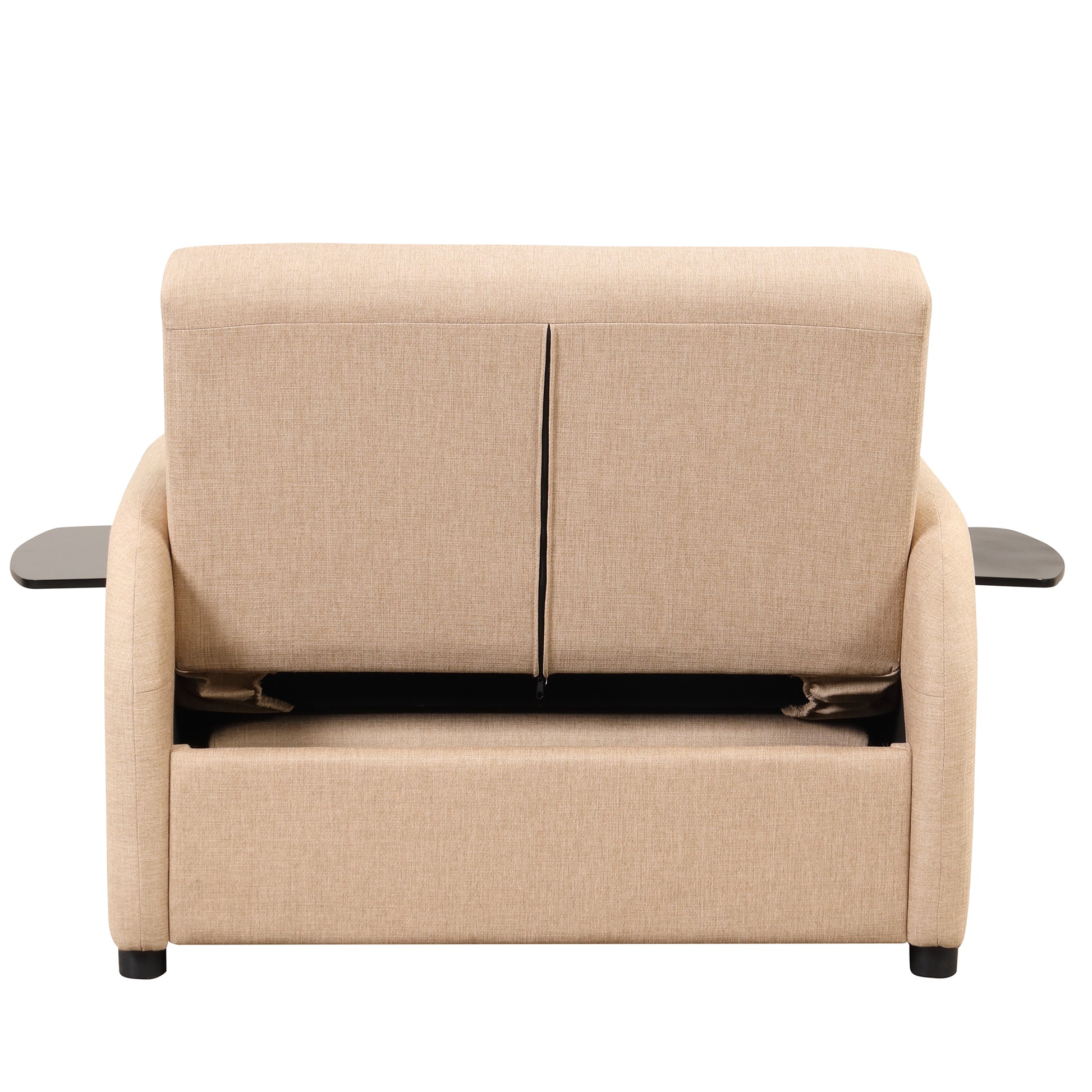 Pull Out Sofa Sleeper 3 In 1 With 2 Wing Table And Usb Charge For Nap Line Fabric For Living Room Recreation Room Beige Beige Foam Linen