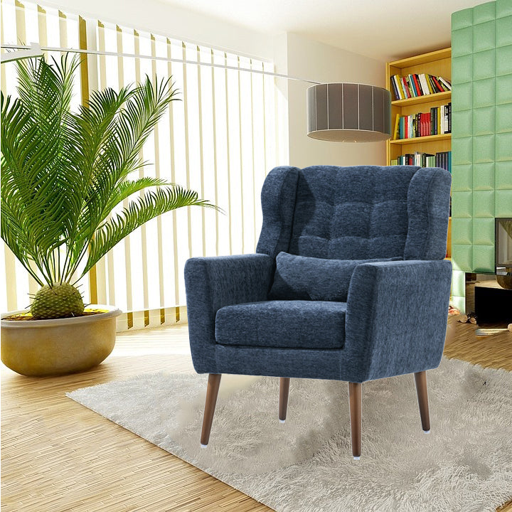 Modern Accent Chair,Chenille Arm Chairs For Living Room,Upholstered Mordern Armchair,Comfy Soft Padded Lounge Chair In Small Space, Bedroom, W Pillow, Solid Wood Leg Dark Blue Dark Blue Light Brown Primary Living Space Modern Rubberwood Foam Chenille