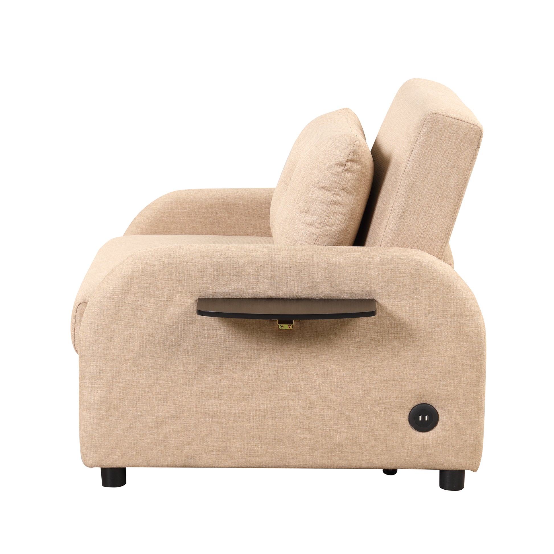Pull Out Sofa Sleeper 3 In 1 With 2 Wing Table And Usb Charge For Nap Line Fabric For Living Room Recreation Room Beige Beige Foam Linen