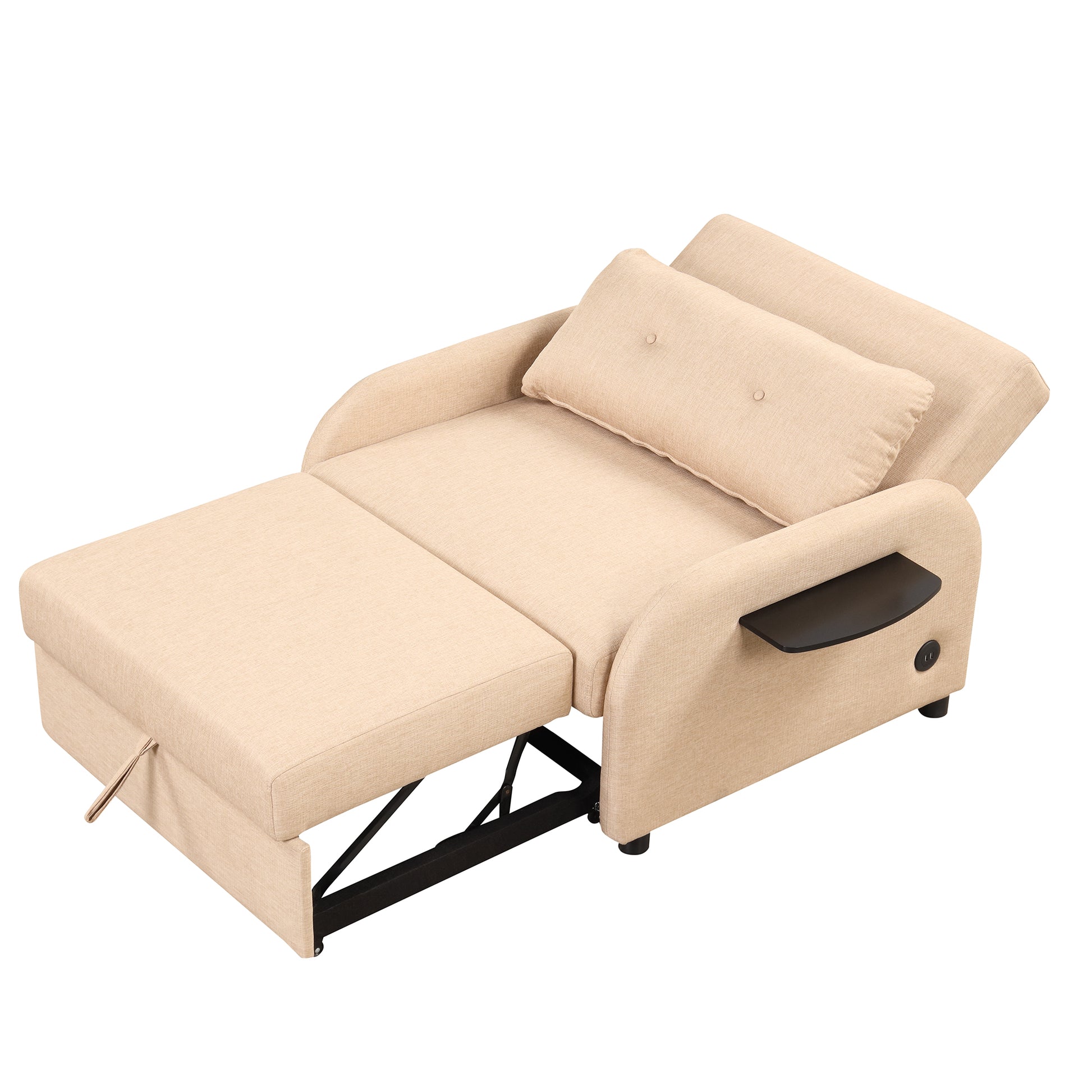 Pull Out Sofa Sleeper 3 In 1 With 2 Wing Table And Usb Charge For Nap Line Fabric For Living Room Recreation Room Beige Beige Foam Linen