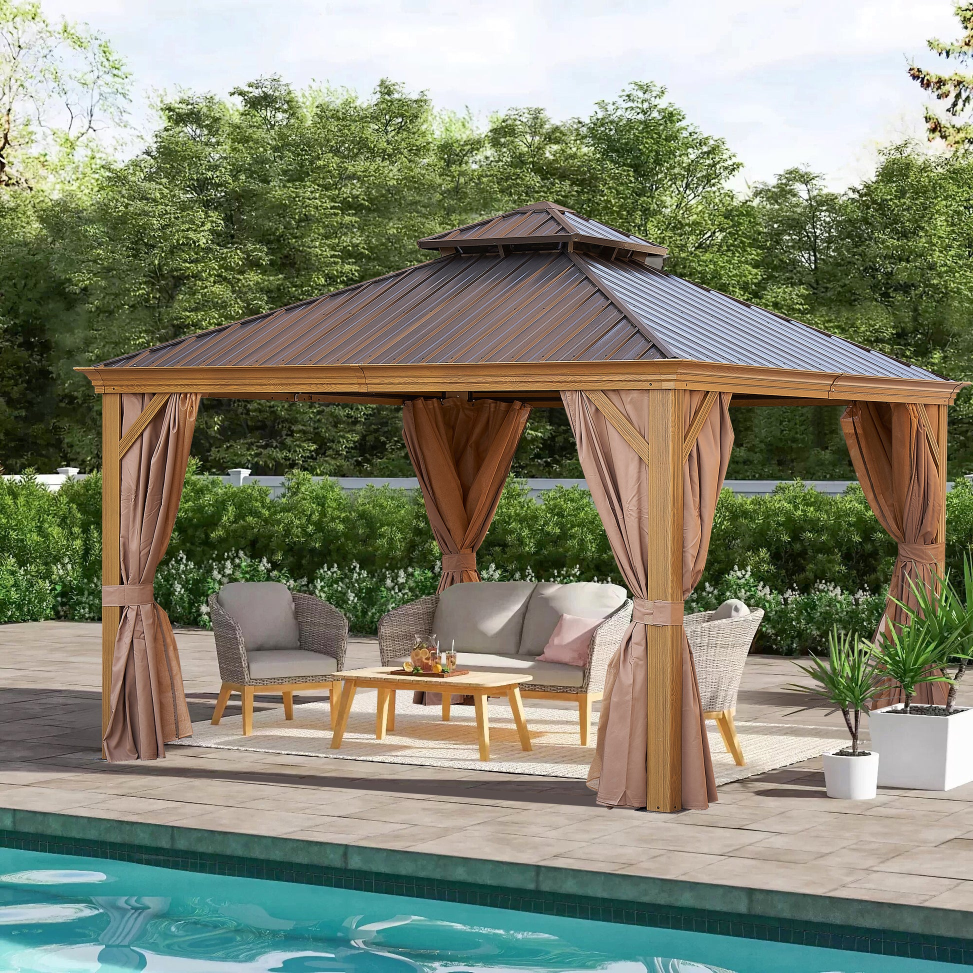 12*12Ft Patic Gazebo,Alu Gazebo With Steel Canopy,Outdoor Permanent Hardtop Gazebo Canopy For Patio, Garden, Backyard Bronze Steel