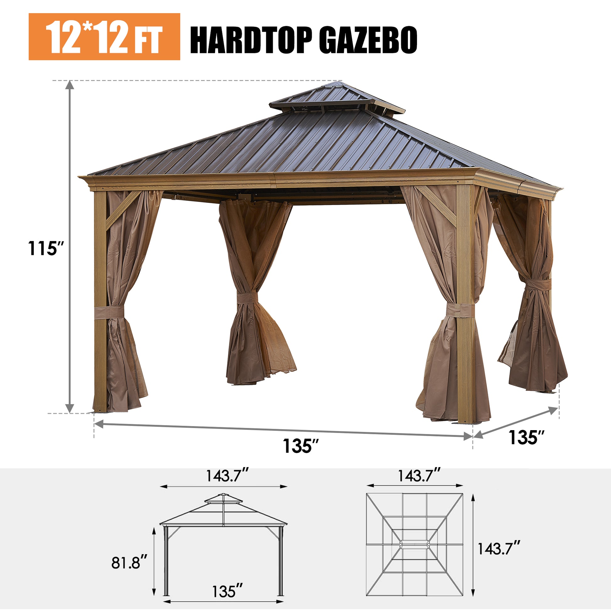 12*12Ft Patic Gazebo,Alu Gazebo With Steel Canopy,Outdoor Permanent Hardtop Gazebo Canopy For Patio, Garden, Backyard Bronze Steel