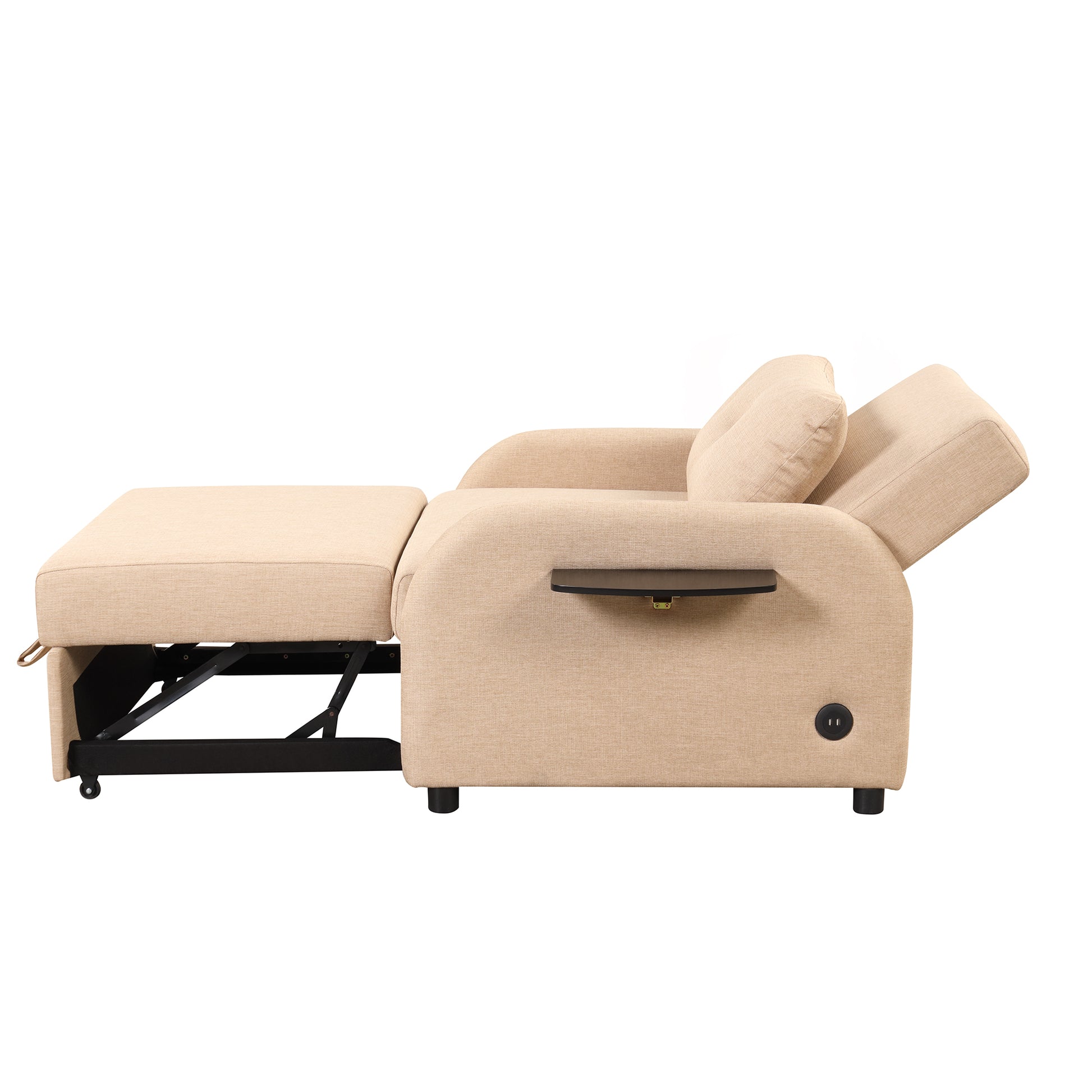 Pull Out Sofa Sleeper 3 In 1 With 2 Wing Table And Usb Charge For Nap Line Fabric For Living Room Recreation Room Beige Beige Foam Linen