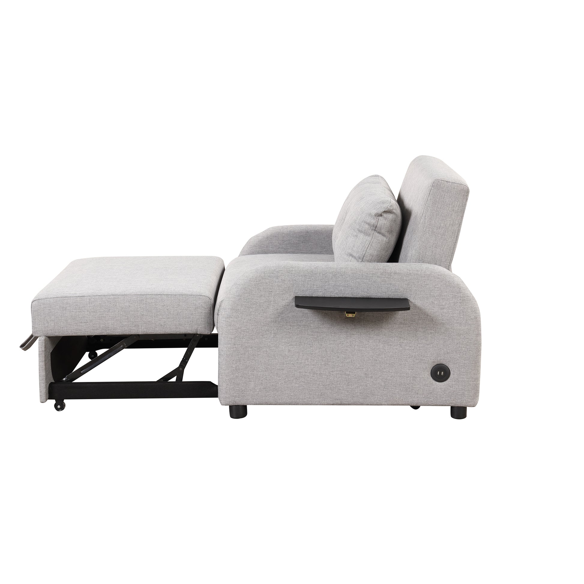 Pull Out Sofa Sleeper 3 In 1 With 2 Wing Table And Usb Charge For Nap Line Fabric For Living Room Recreation Room Grey Gray Foam Linen