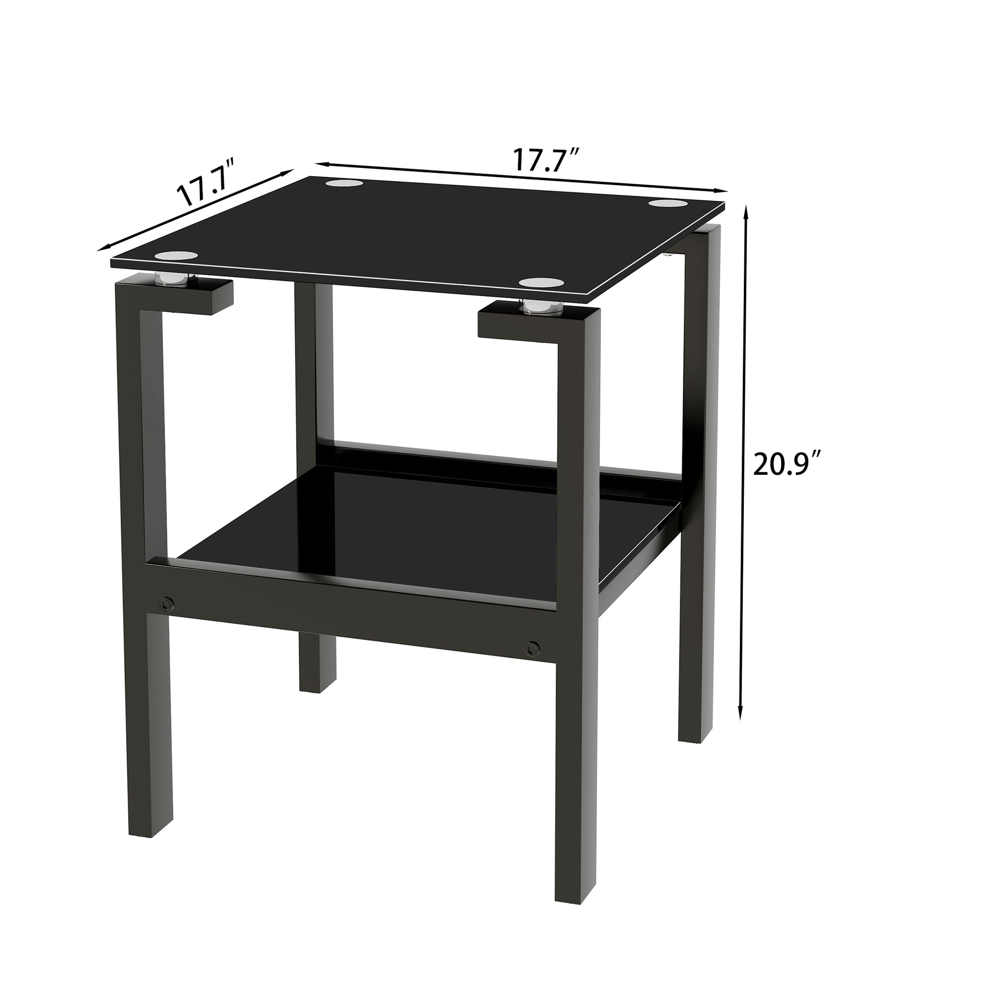 2 Piece Black Tempered Gass End Table Set, Sofa Table With 2 Layer Storage Shelf Black Square Glass