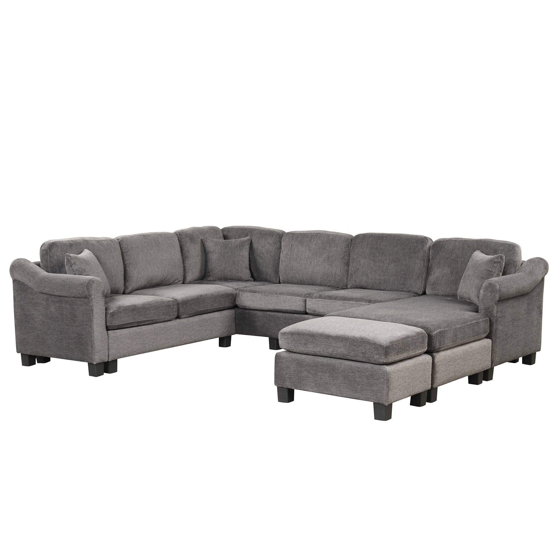 122.1" *91.3" 4Pcs Sectional Sofa With Ottoman With Right Side Chaise Velvet Fabric Dark Gray Dark Grey Foam Velvet 6 Seat