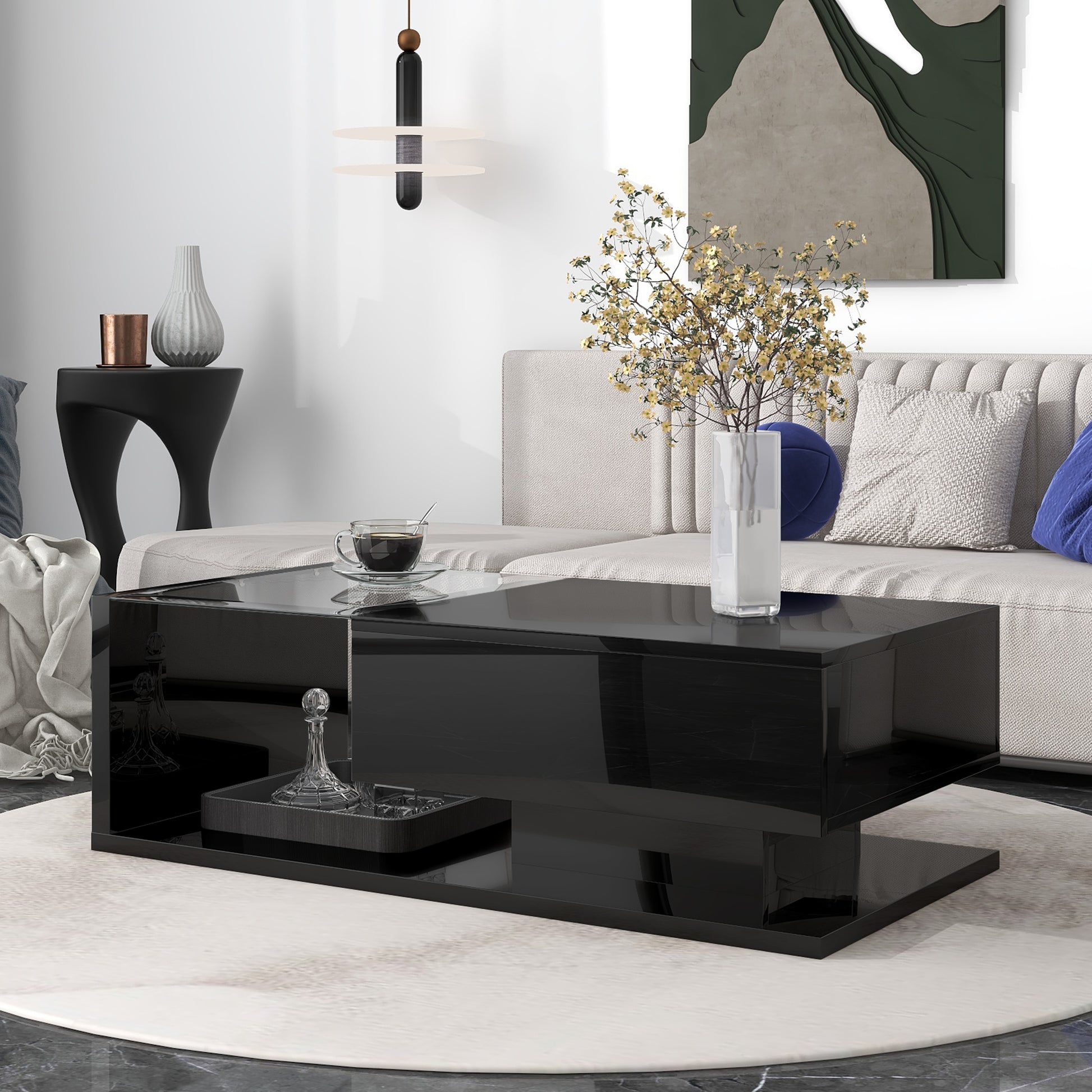 Modern Coffee Table With Tempered Glass, Wooden Cocktail Table With High Gloss Uv Surface, Modernist 2 Tier Rectangle Center Table For Living Room, Black Black Soft Close Drawers Primary Living Space Minimalist Freestanding Rectangular Drawers Coffee &