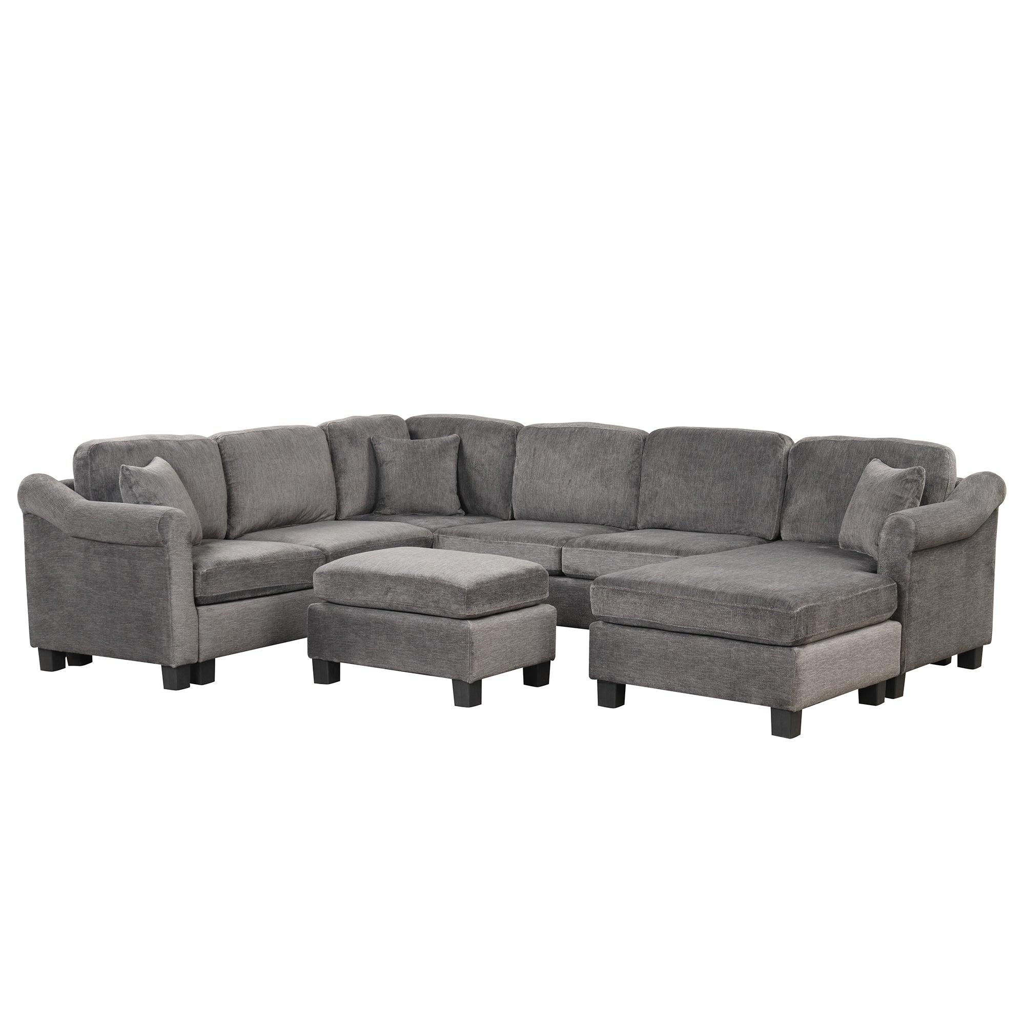 122.1" *91.3" 4Pcs Sectional Sofa With Ottoman With Right Side Chaise Velvet Fabric Dark Gray Dark Grey Foam Velvet 6 Seat