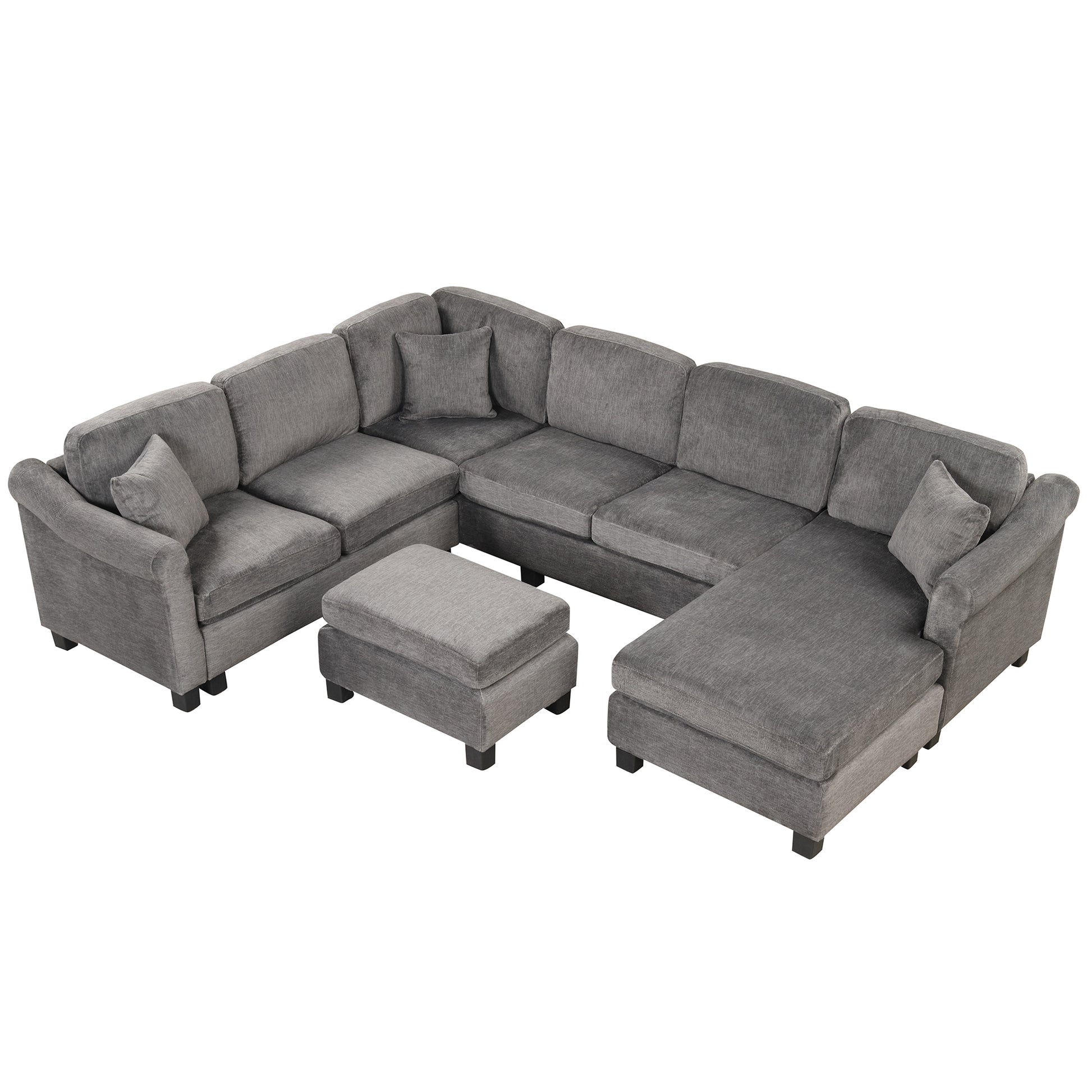 122.1" *91.3" 4Pcs Sectional Sofa With Ottoman With Right Side Chaise Velvet Fabric Dark Gray Dark Grey Foam Velvet 6 Seat