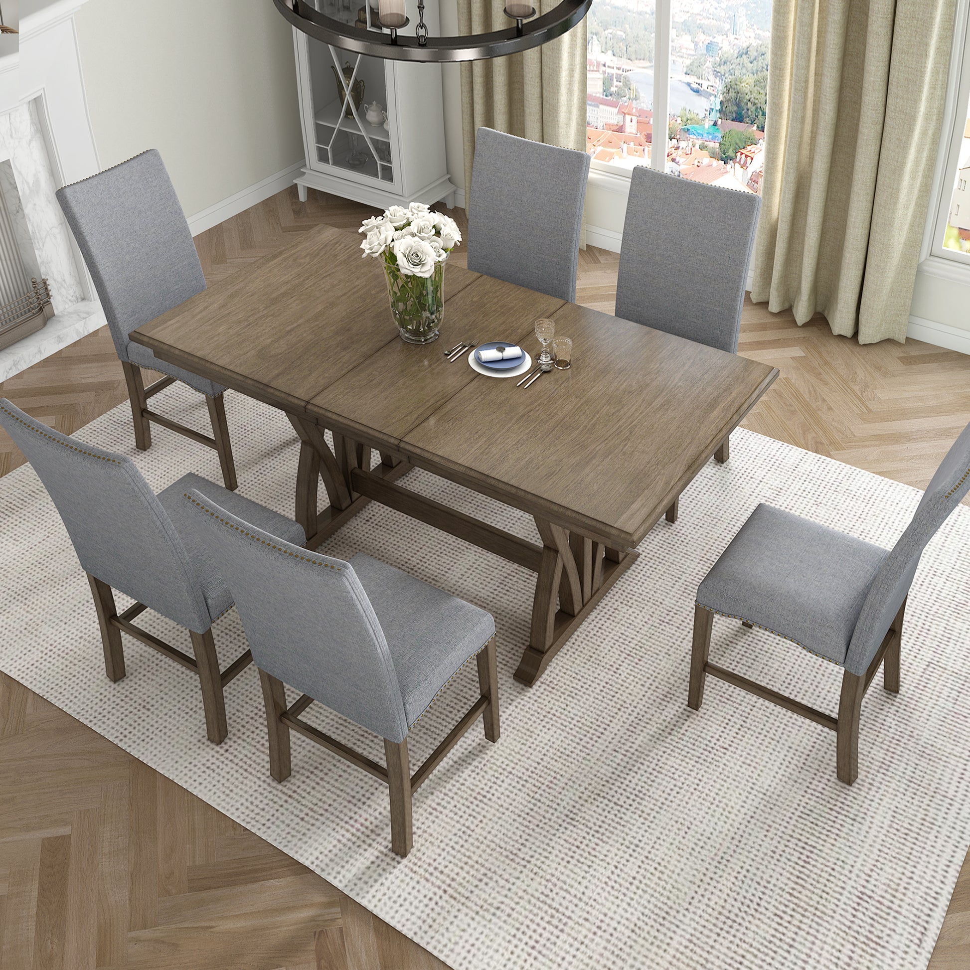 Mid Century Solid Wood 7 Piece Dining Table Set Extendable Kitchen Table Set With Upholstered Chairs And 12" Leaf For 6, Golden Brown Gray Cushion Brown Wood Dining Room Solid Wood Rubberwood Rectangular Dining Table With Chair Upholstered Chair Wood