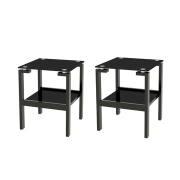 2 Piece Black Tempered Gass End Table Set, Sofa Table With 2 Layer Storage Shelf Black Square Glass