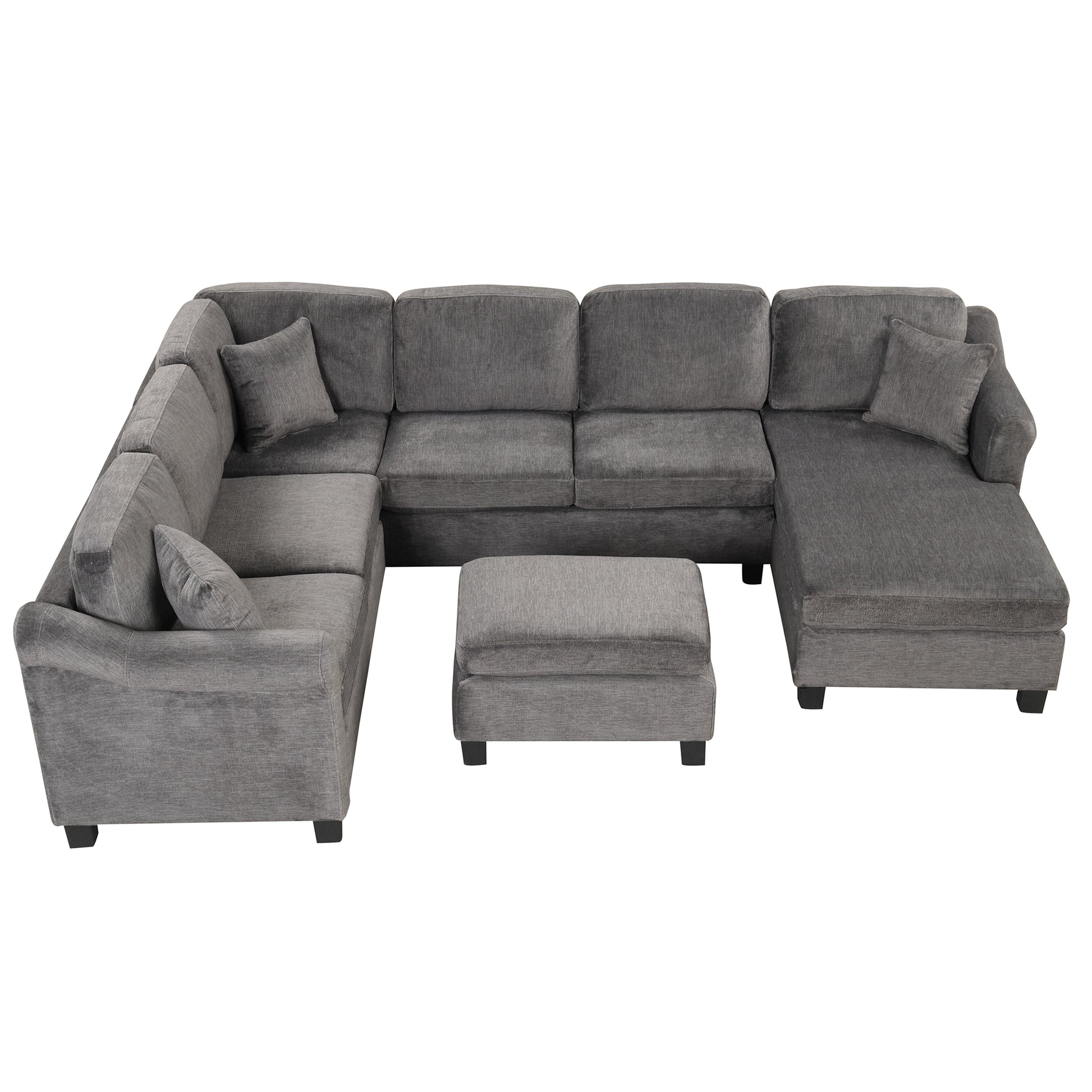 122.1" *91.3" 4Pcs Sectional Sofa With Ottoman With Right Side Chaise Velvet Fabric Dark Gray Dark Grey Foam Velvet 6 Seat