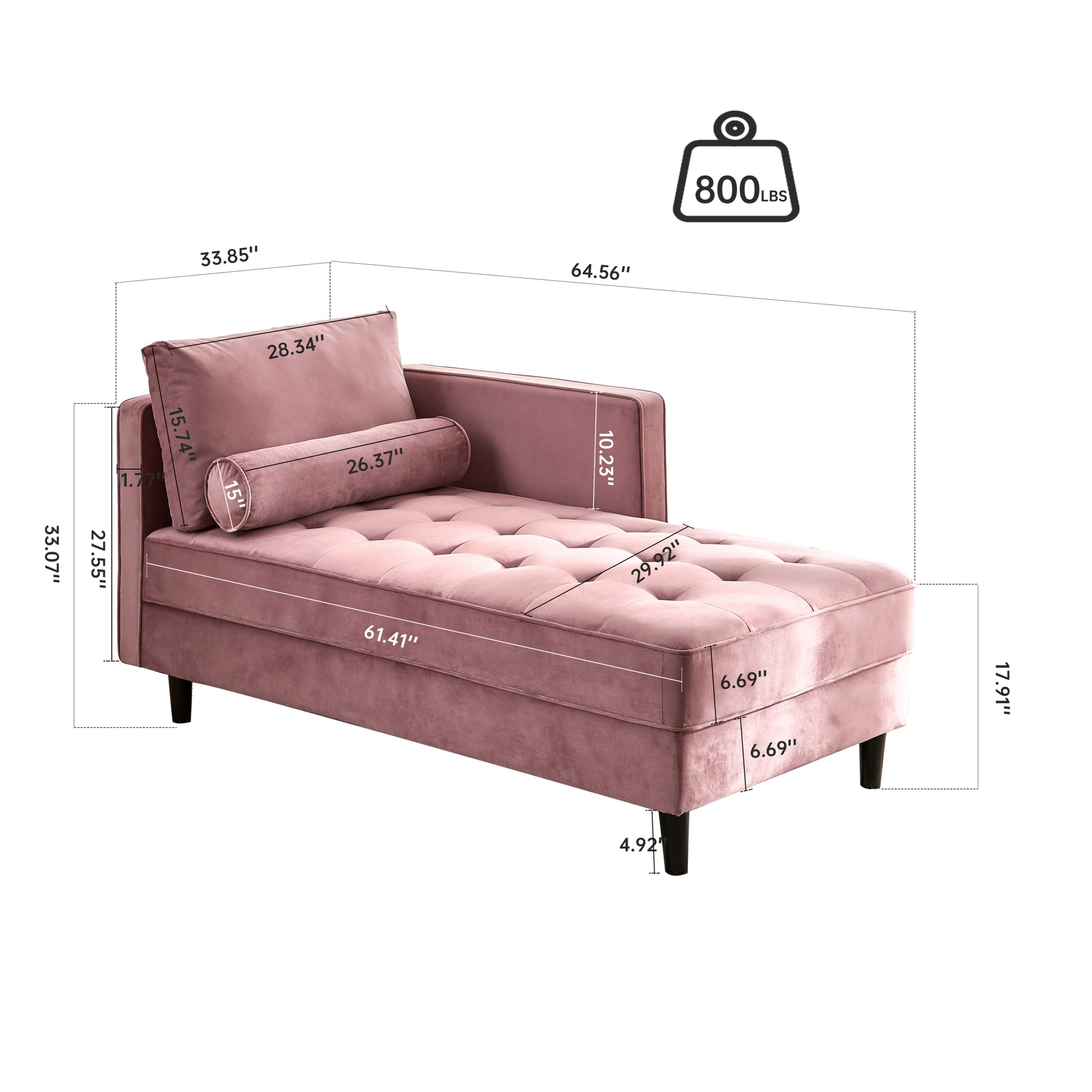 64" Velvet Chaise,Mid Century Modern Chaise Furniture,Sleeper For Living Room,Apartment,Tool Free Assembly. Pink Pink Foam Velvet
