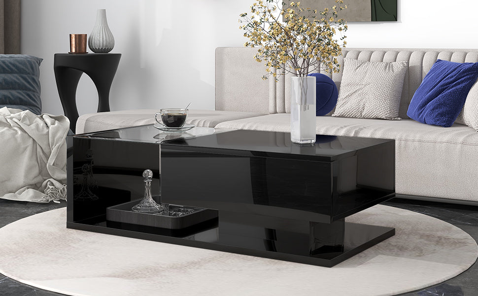 ON TREND Modern Coffee Table with Tempered Glass black-soft close drawers-primary living