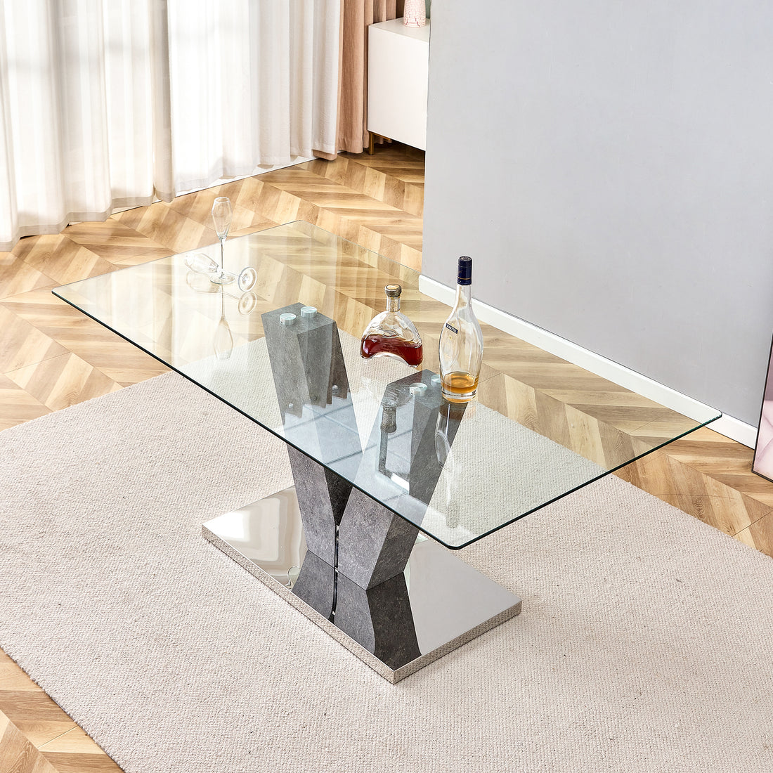 Large Modern Minimalist Rectangular Glass Dining Table For 4 8 People With 0.39" Tempered Glass Tabletop And Mdf Slab V Shaped Bracket,For Kitchen Dining Living Meeting Room Banquet Hall F V Transparent Mdf Glass