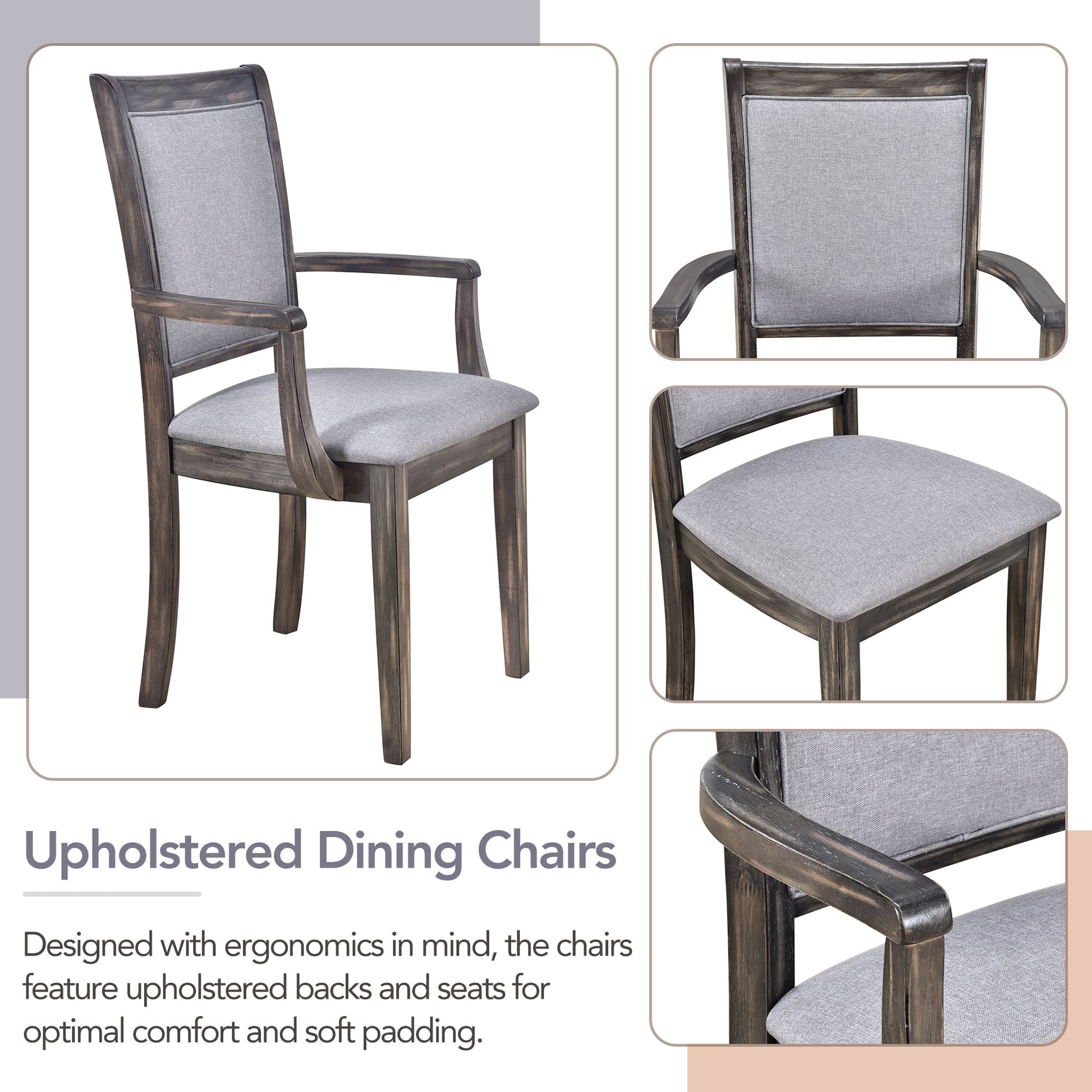 7 Piece Updated 76.9Inch Extendable Trestle Dining Table Set With Removable Leaf, Kitchen Table Set With Upholstered Side Chair And Arm Chair, Set Of 6, Grey Brown Wood Dining Room Solid Wood Rubberwood Rectangular Dining Table With Chair Upholstered