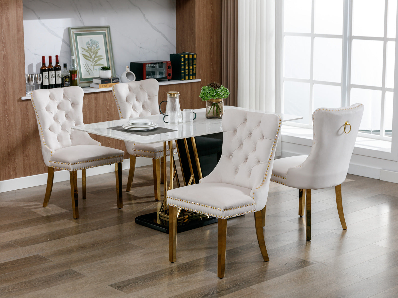 Nikki Collection Modern, High End Tufted Solid Wood Contemporary Velvet Upholstered Dining Chair With Golden Stainless Steel Plating Legs,Nailhead Trim,Set Of 2,Beige And Gold, Sw1601Bg Beige Rubberwood Foam Velvet