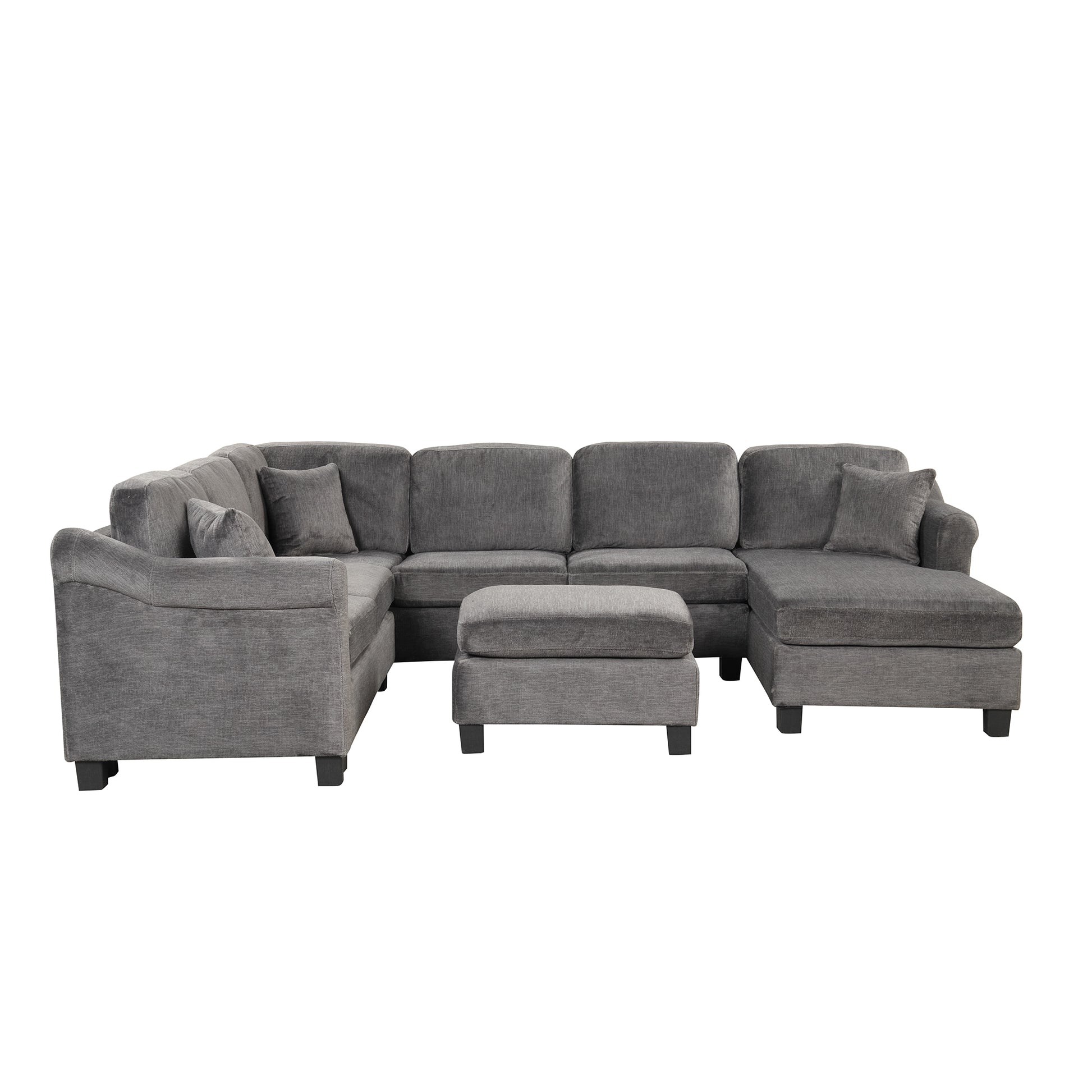 122.1" *91.3" 4Pcs Sectional Sofa With Ottoman With Right Side Chaise Velvet Fabric Dark Gray Dark Grey Foam Velvet 6 Seat