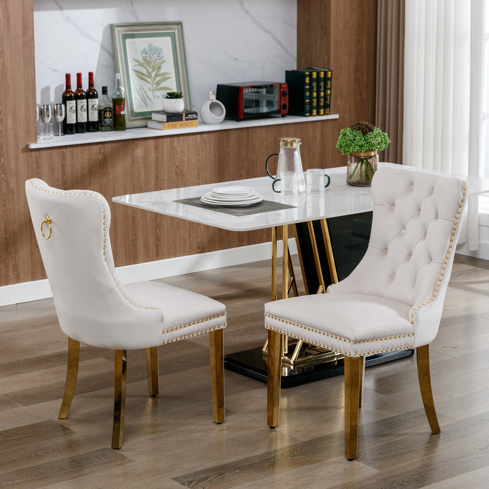 Nikki Collection Modern, High End Tufted Solid Wood Contemporary Velvet Upholstered Dining Chair With Golden Stainless Steel Plating Legs,Nailhead Trim,Set Of 2,Beige And Gold, Sw1601Bg Beige Rubberwood Foam Velvet