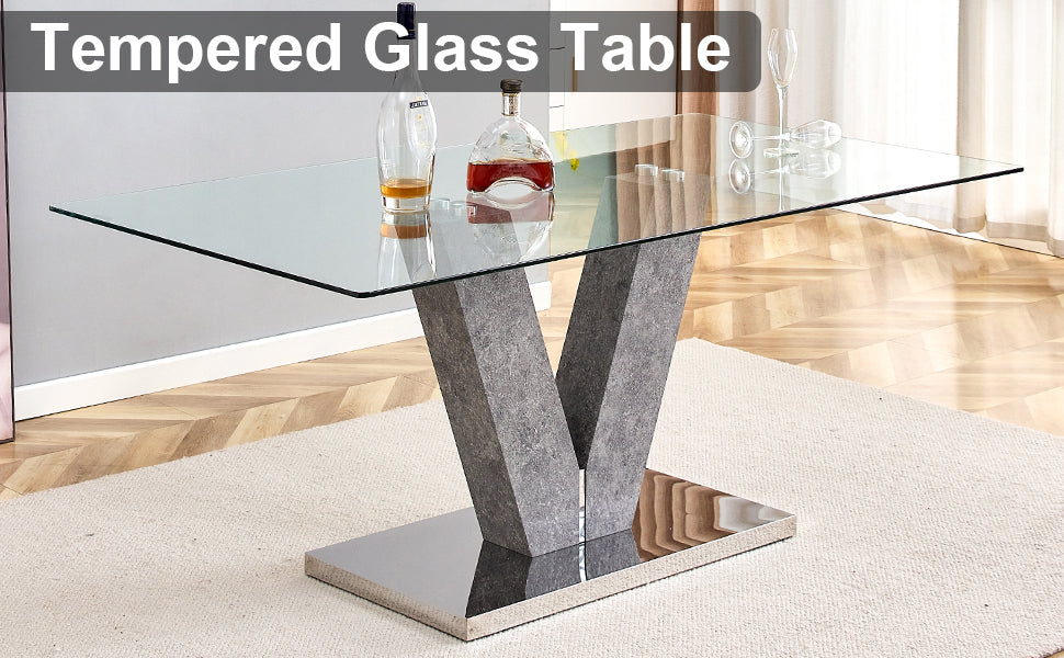 Large Modern Minimalist Rectangular Glass Dining Table For 4 8 People With 0.39" Tempered Glass Tabletop And Mdf Slab V Shaped Bracket,For Kitchen Dining Living Meeting Room Banquet Hall F V Transparent Mdf Glass