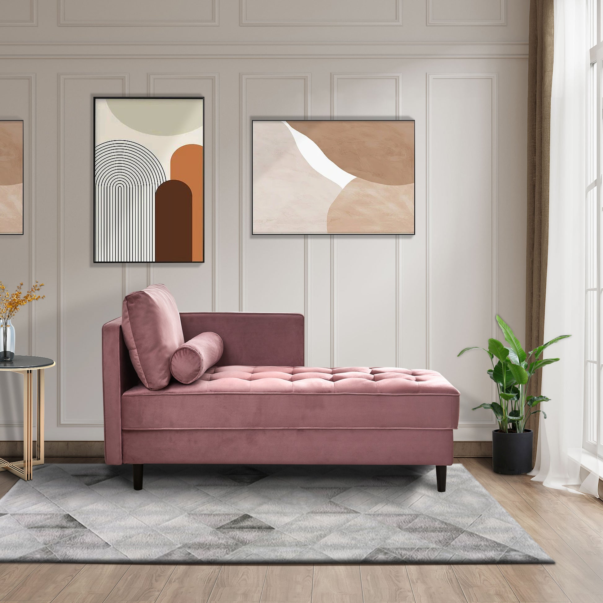 64" Velvet Chaise,Mid Century Modern Chaise Furniture,Sleeper For Living Room,Apartment,Tool Free Assembly. Pink Pink Foam Velvet