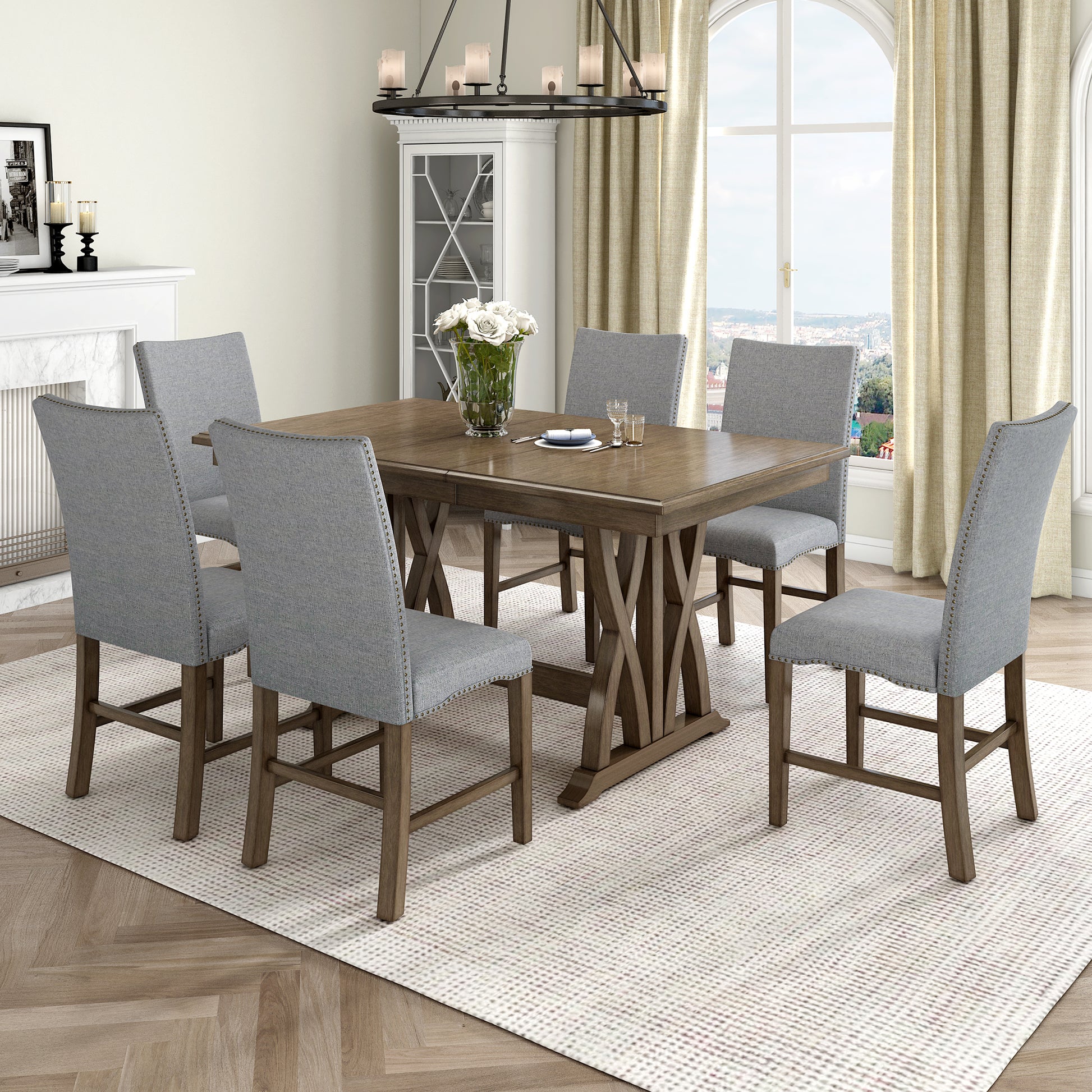 Mid Century Solid Wood 7 Piece Dining Table Set Extendable Kitchen Table Set With Upholstered Chairs And 12" Leaf For 6, Golden Brown Gray Cushion Brown Wood Dining Room Solid Wood Rubberwood Rectangular Dining Table With Chair Upholstered Chair Wood