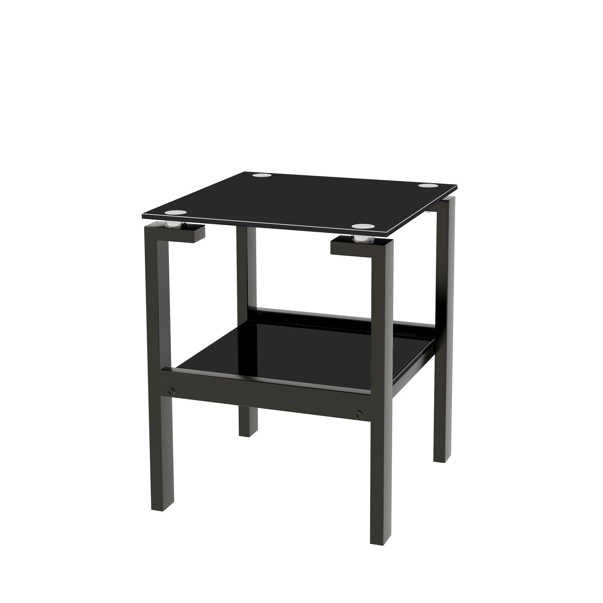 2 Piece Black Tempered Gass End Table Set, Sofa Table With 2 Layer Storage Shelf Black Square Glass