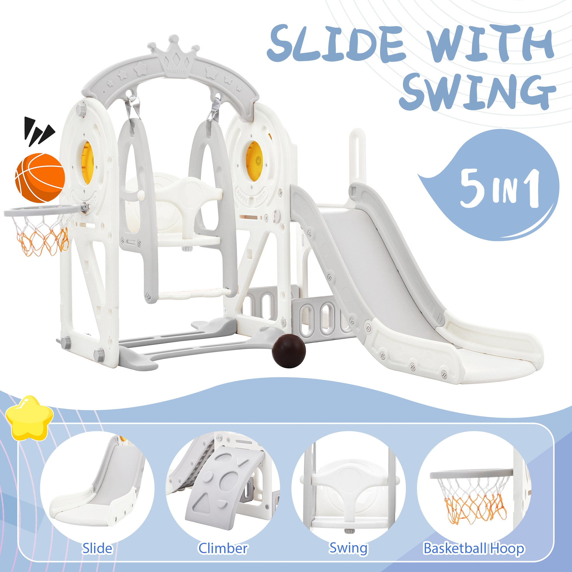 Toddler Slide And Swing Set 5 In 1, Kids Playground Climber Slide Playset With Basketball Hoop Freestanding Combination For Babies Indoor & Outdoor Grey Hdpe