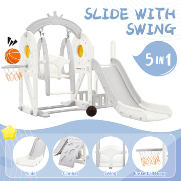 Toddler Slide And Swing Set 5 In 1, Kids Playground Climber Slide Playset With Basketball Hoop Freestanding Combination For Babies Indoor & Outdoor Grey Hdpe