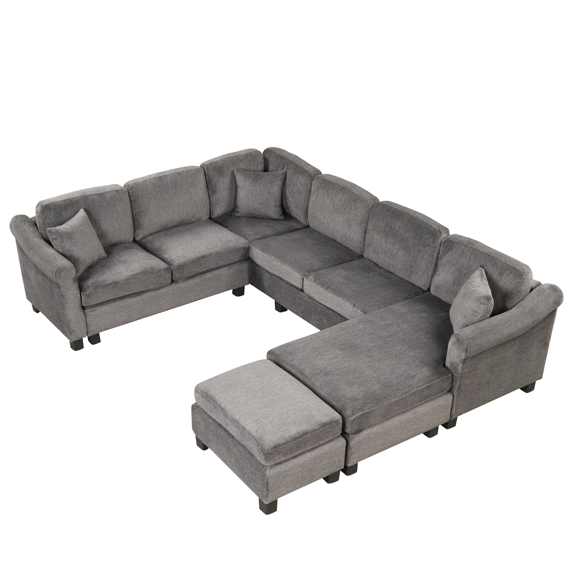 122.1" *91.3" 4Pcs Sectional Sofa With Ottoman With Right Side Chaise Velvet Fabric Dark Gray Dark Grey Foam Velvet 6 Seat