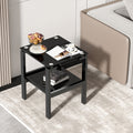 2 Piece Black Tempered Gass End Table Set, Sofa Table With 2 Layer Storage Shelf Black Square Glass