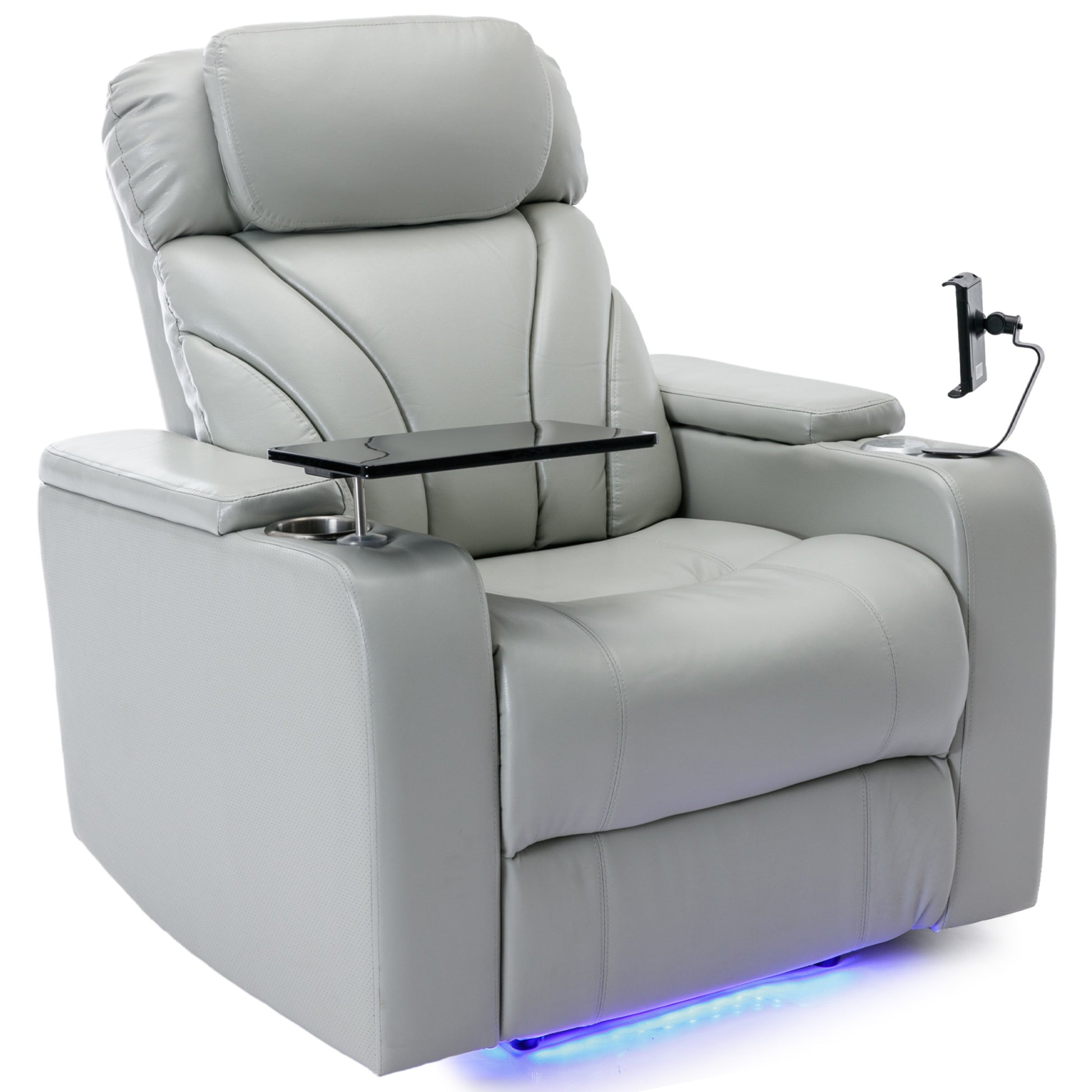 Power Motion Recliner With Usb Charging Port And Hidden Arm Storage, Home Theater Seating With Convenient Cup Holder Design ,And Stereo Light Grey Light Grey Foam Pu