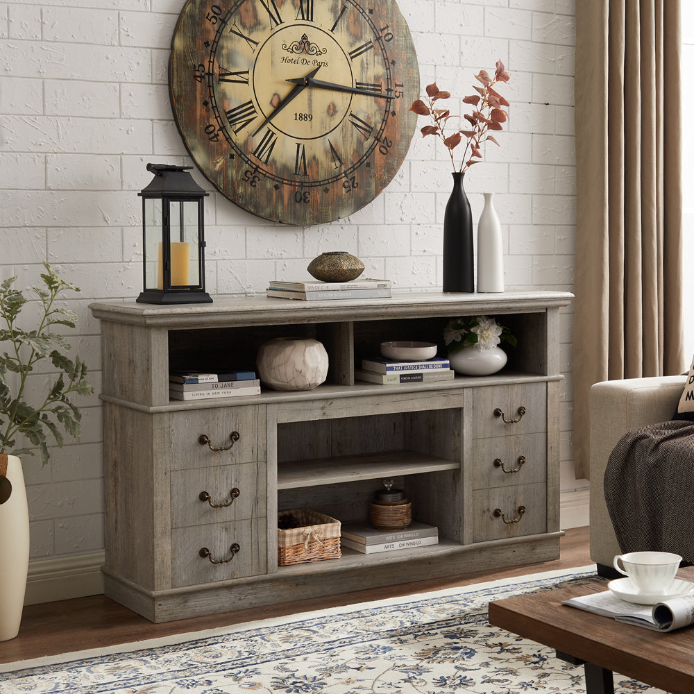 Traditional Tv Media Stand Farmhouse Rustic Entertainment Console For Tv Up To 65" With Open And Closed Storage Space, Light Gray, 60"W*15.75"D*34.25"H Light Gray Primary Living Space 60 69 Inches 60 69 Inches Farmhouse 65 Inches Mdf