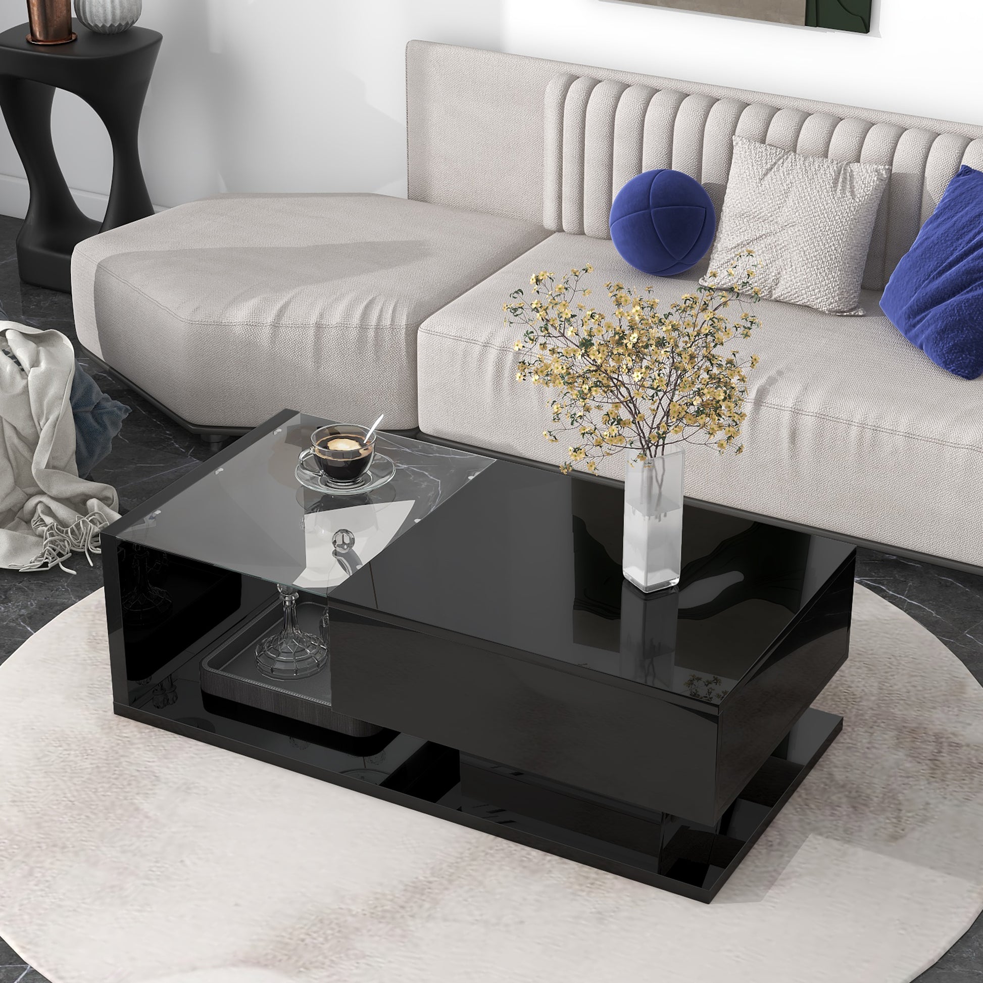 Modern Coffee Table With Tempered Glass, Wooden Cocktail Table With High Gloss Uv Surface, Modernist 2 Tier Rectangle Center Table For Living Room, Black Black Soft Close Drawers Primary Living Space Minimalist Freestanding Rectangular Drawers Coffee &