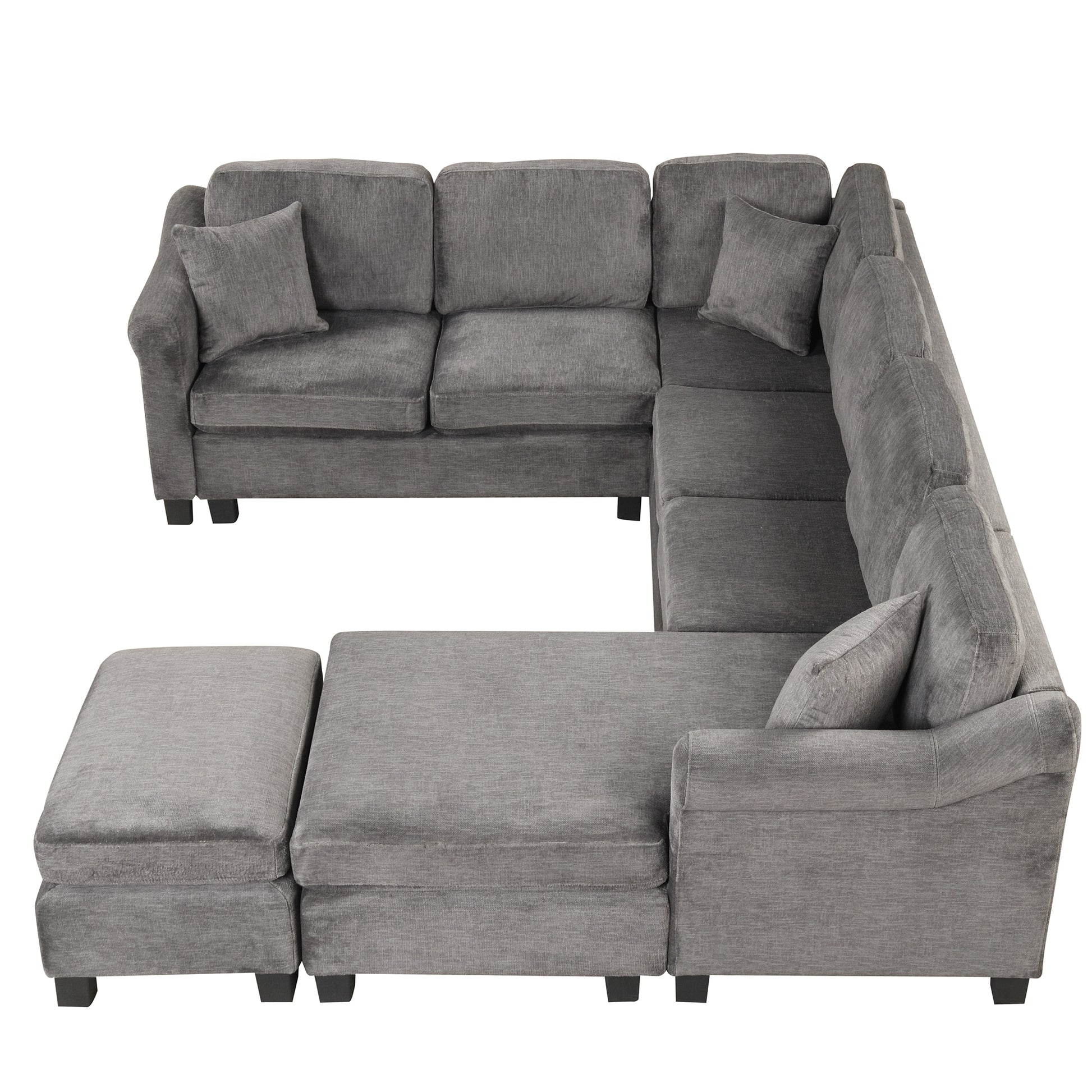 122.1" *91.3" 4Pcs Sectional Sofa With Ottoman With Right Side Chaise Velvet Fabric Dark Gray Dark Grey Foam Velvet 6 Seat