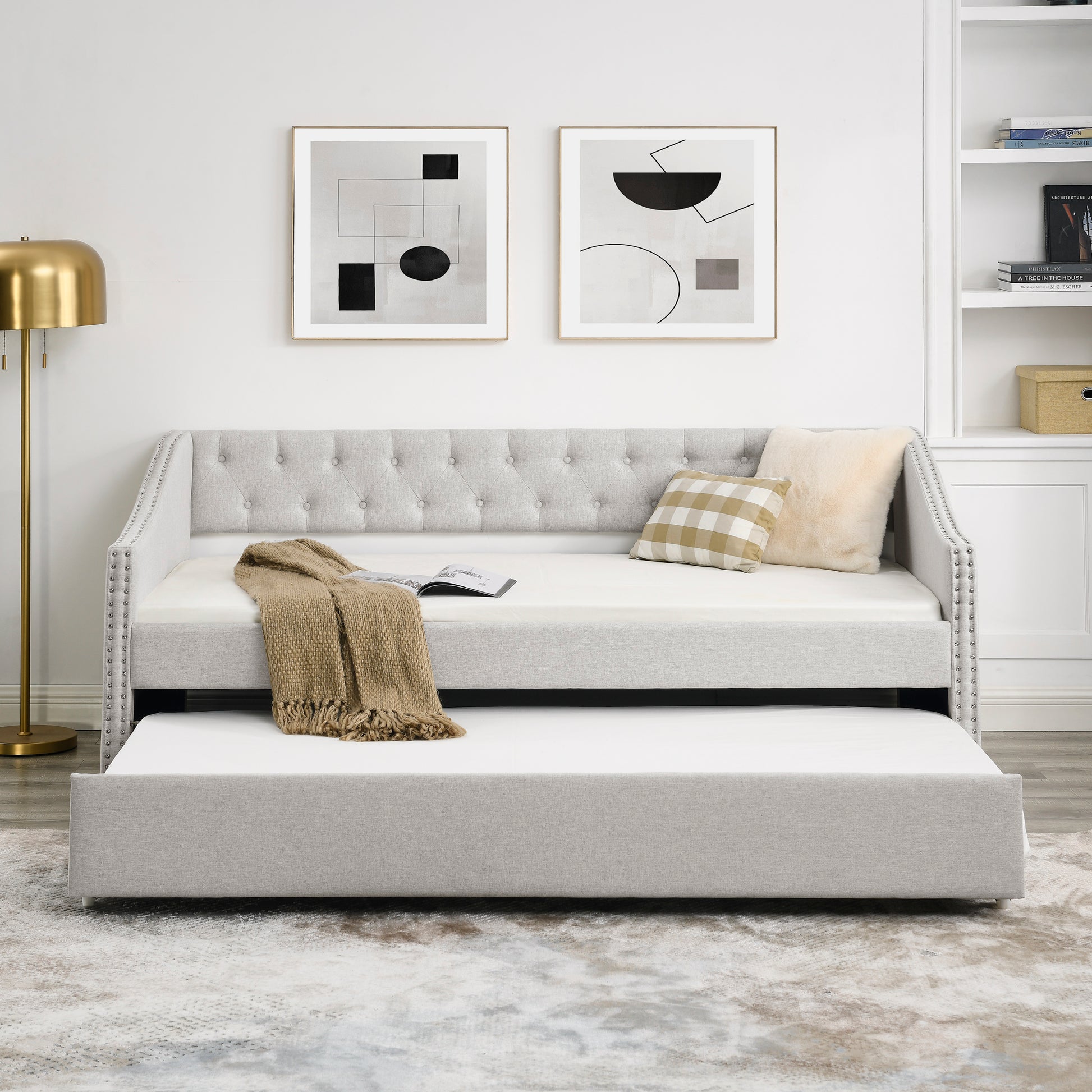 Twin Size Daybed With Twin Size Trundle Upholstered Tufted Sofa Bed, With Button On Back And Copper Nail On Waved Shape Arms, Beige 80.5"X41"X30.5" Beige Polyester