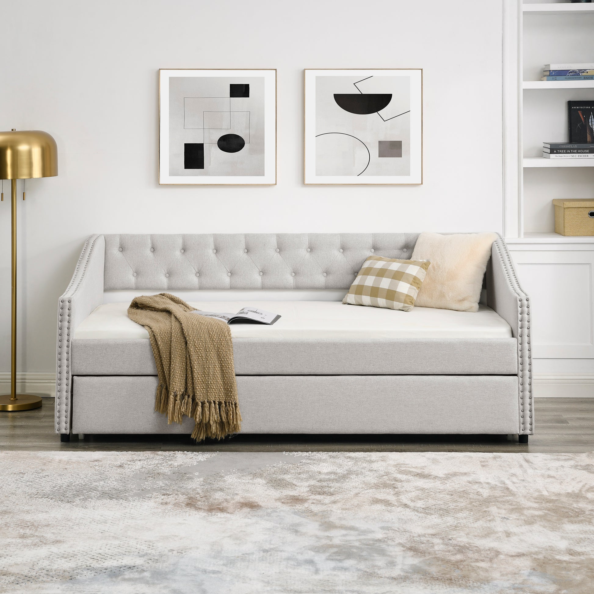 Twin Size Daybed With Twin Size Trundle Upholstered Tufted Sofa Bed, With Button On Back And Copper Nail On Waved Shape Arms, Beige 80.5"X41"X30.5" Beige Polyester