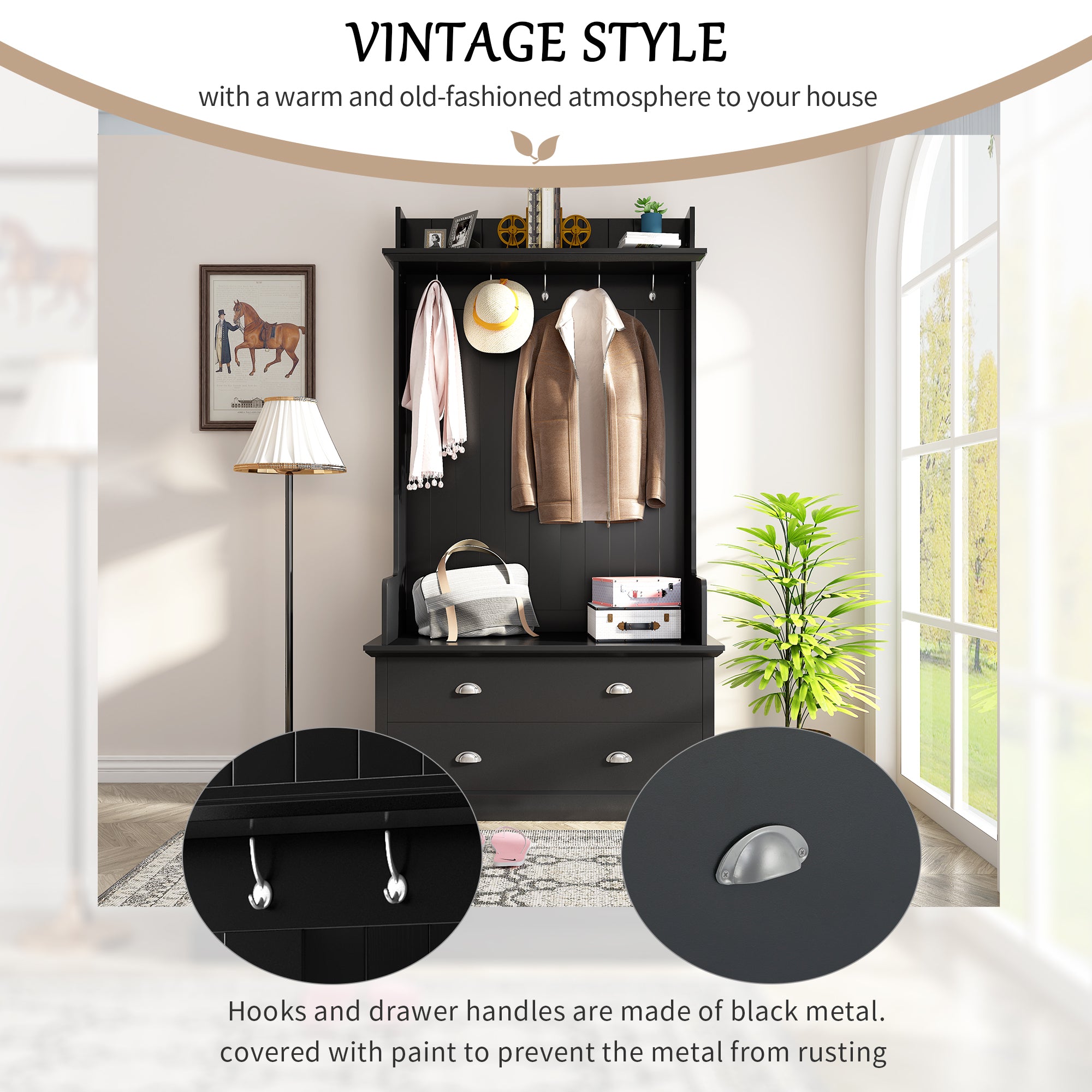 ON TREND Vintage Style 38.5" Wide Hallway Coat Rack black-mdf