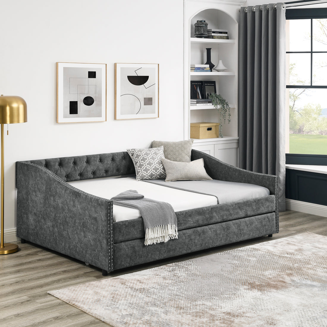 Full Size Daybed With Twin Size Trundle Upholstered Tufted Sofa Bed, With Button On Back And Copper Nail On Waved Shape Arms,Grey 80.5"X55.5"X27.5" Grey Polyester