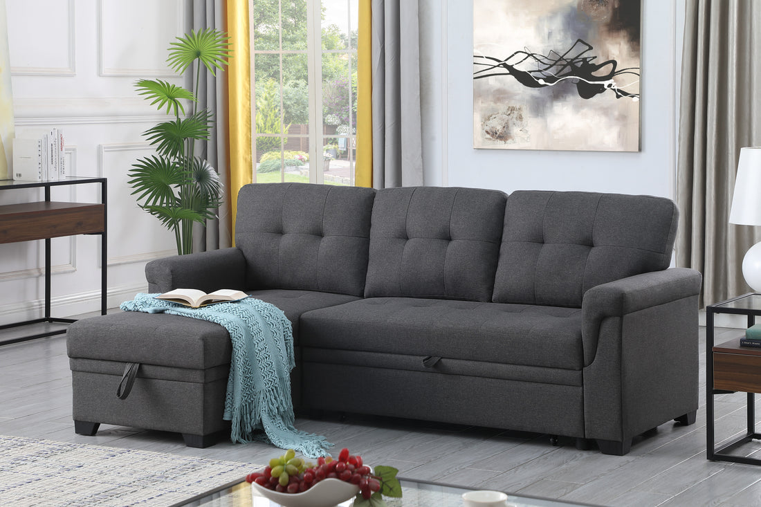 Lucca 84" Dark Gray Linen Reversible Sleeper Sectional Sofa With Storage Chaise Dark Gray Linen