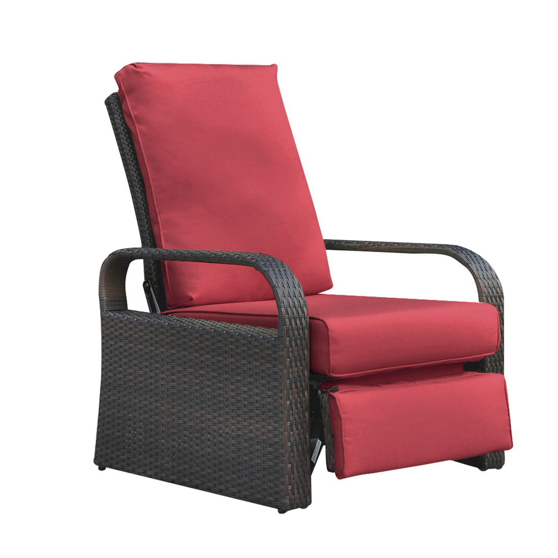 Outdoor Garden Recliner Chair, Automatic Adjustable Wicker Lounge Recliner Chair With Comfy Thicken Cushion, All Weather Aluminum Frame, Brown Wicker Red Cushion Yes Lounge Red Rust Resistant Frame Fade Resistant Cushion Garden & Outdoor Classic Complete