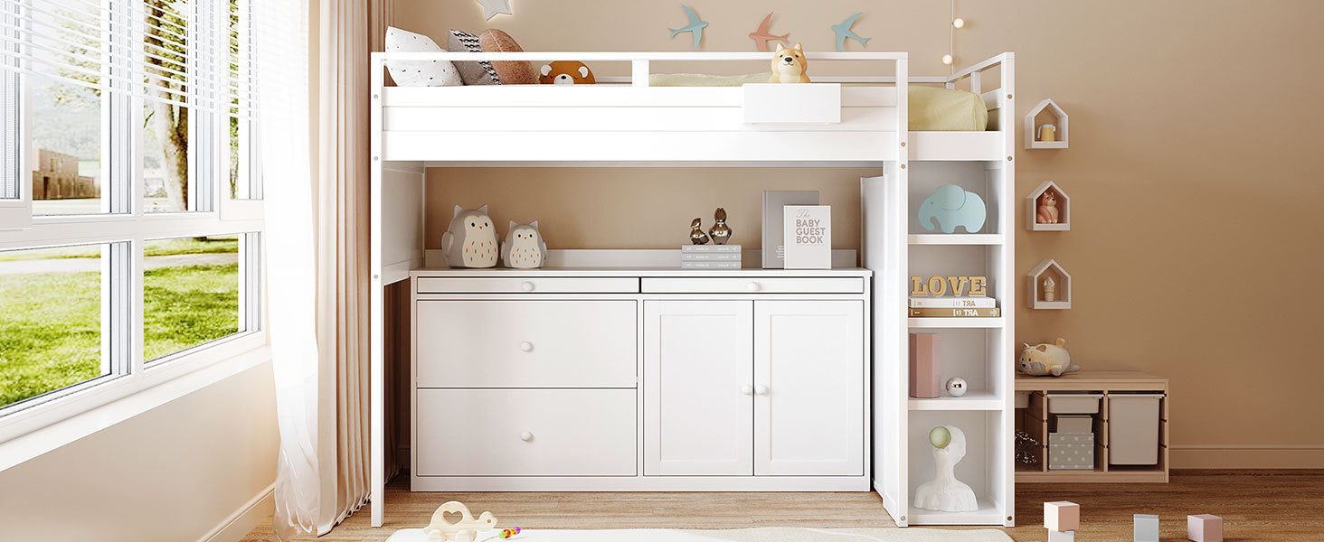 Loft Bed With Rolling Cabinet And Desk White White Solid Wood Mdf
