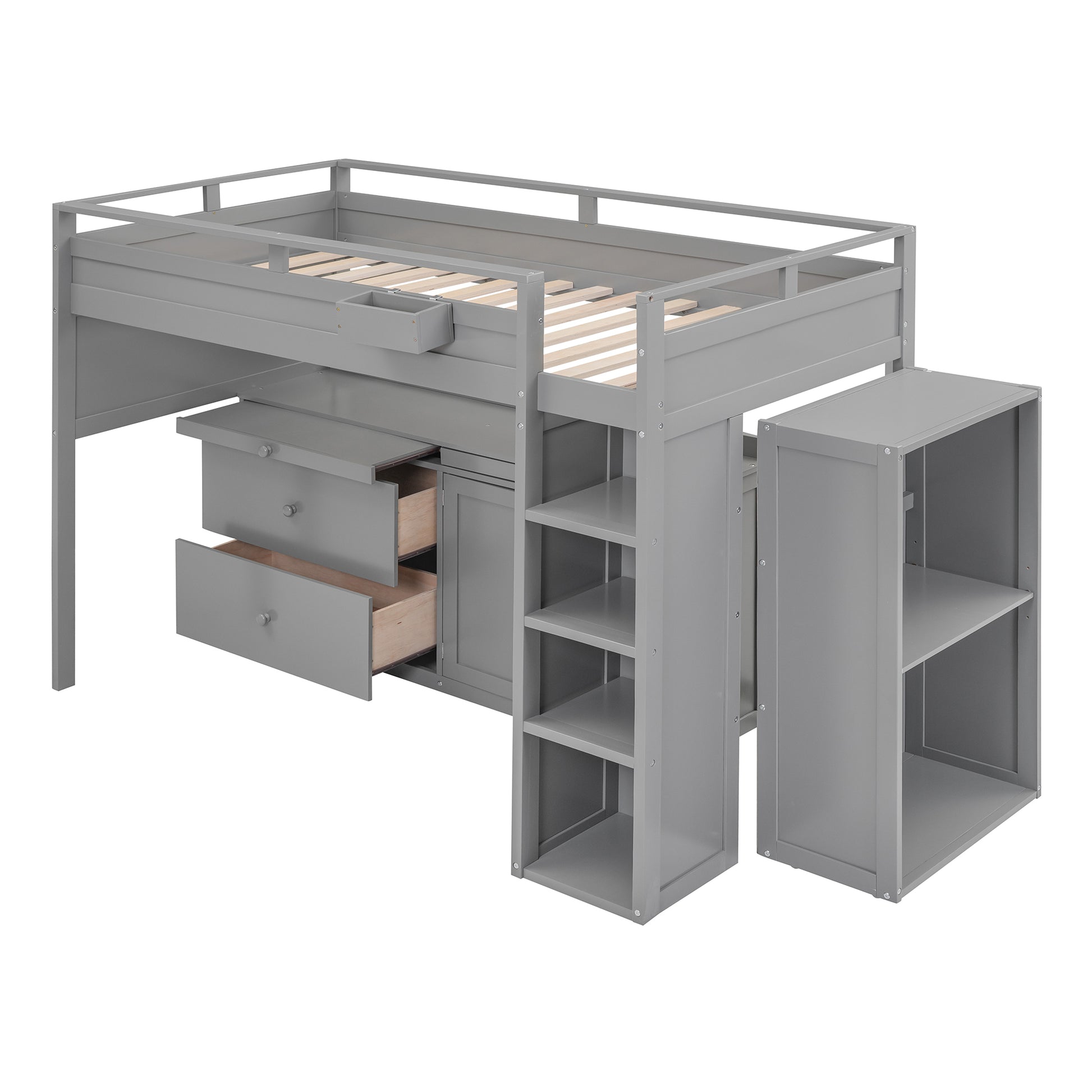 Loft Bed With Rolling Cabinet And Desk Gray Gray Solid Wood Mdf