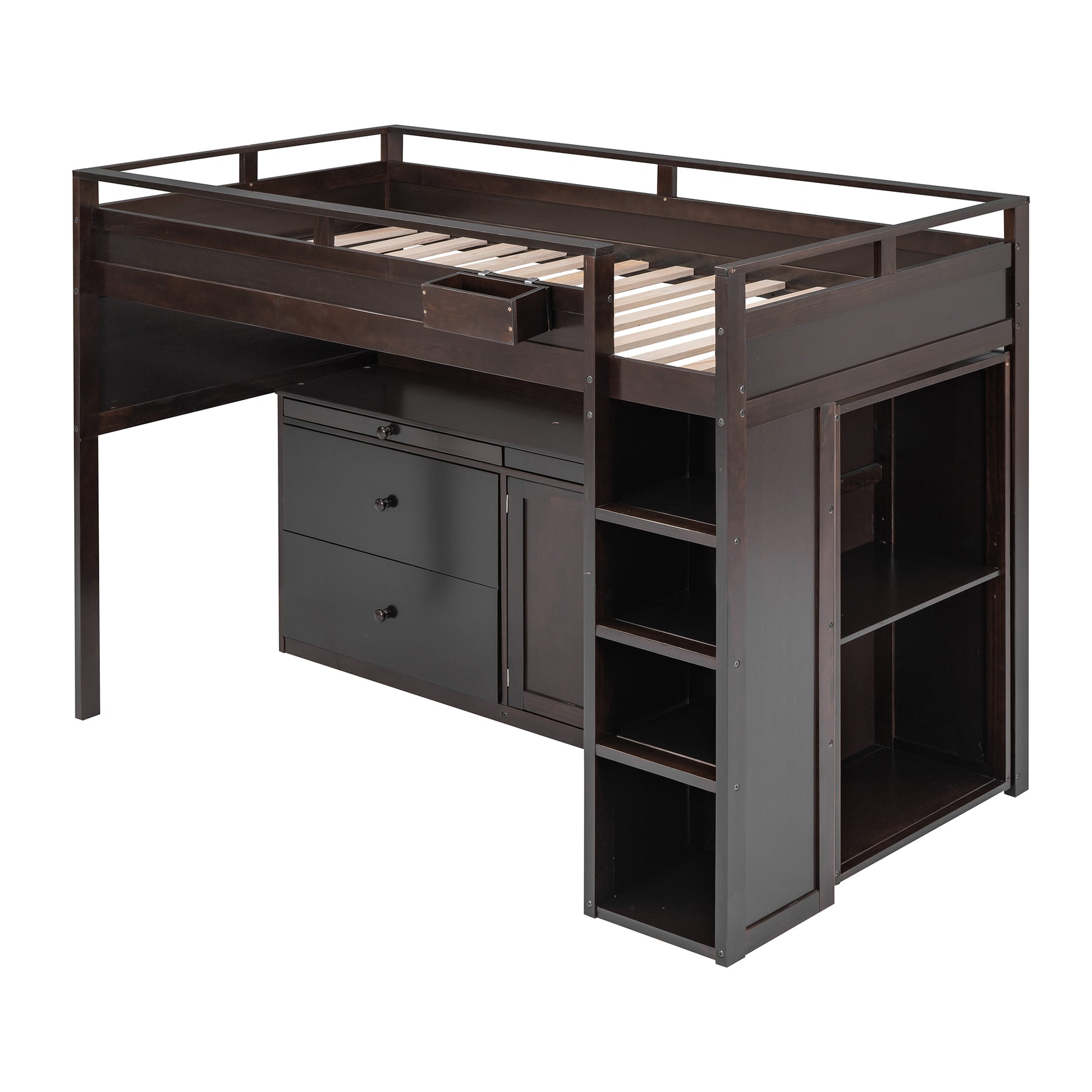 Loft Bed With Rolling Cabinet And Desk Espresso Espresso Solid Wood Mdf