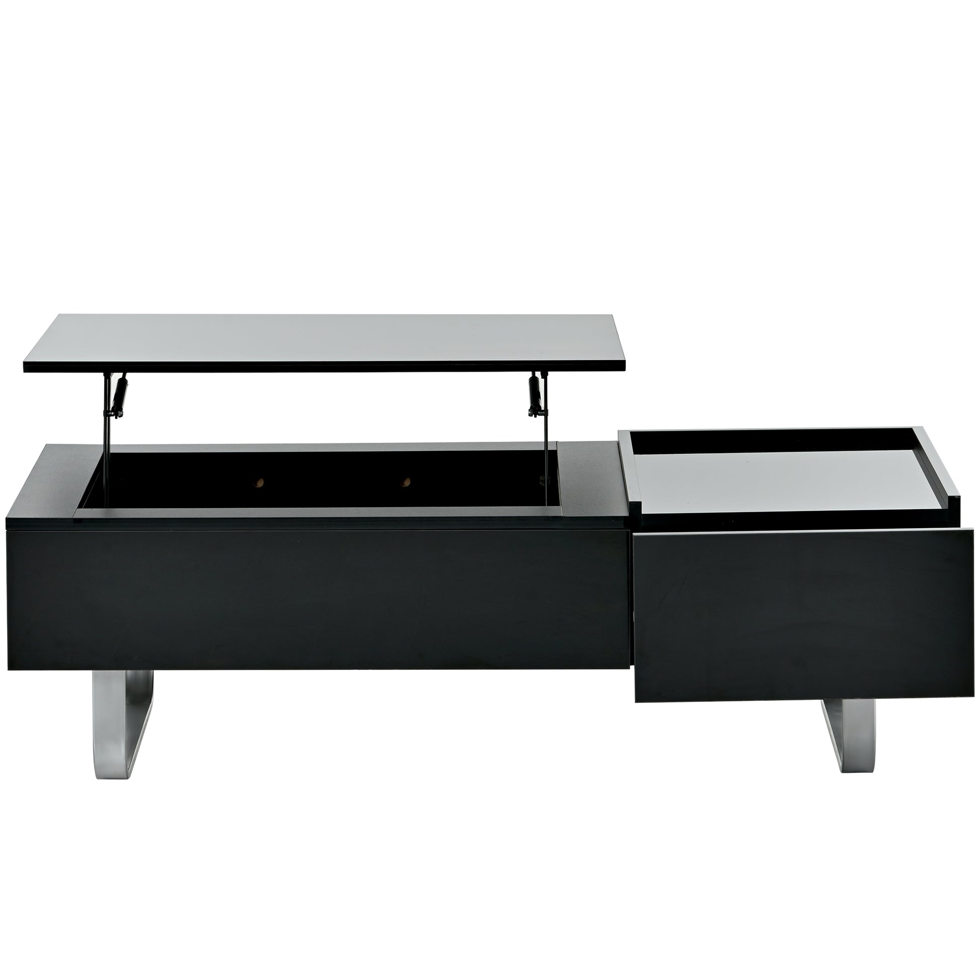 Multi Functional Coffee Table With Lifted Tabletop, Contemporary Cocktail Table With Metal Frame Legs, High Gloss Surface Dining Table For Living Room, Black Black Soft Close Drawers Primary Living Space Contemporary Manual Freestanding Rectangular Hutch